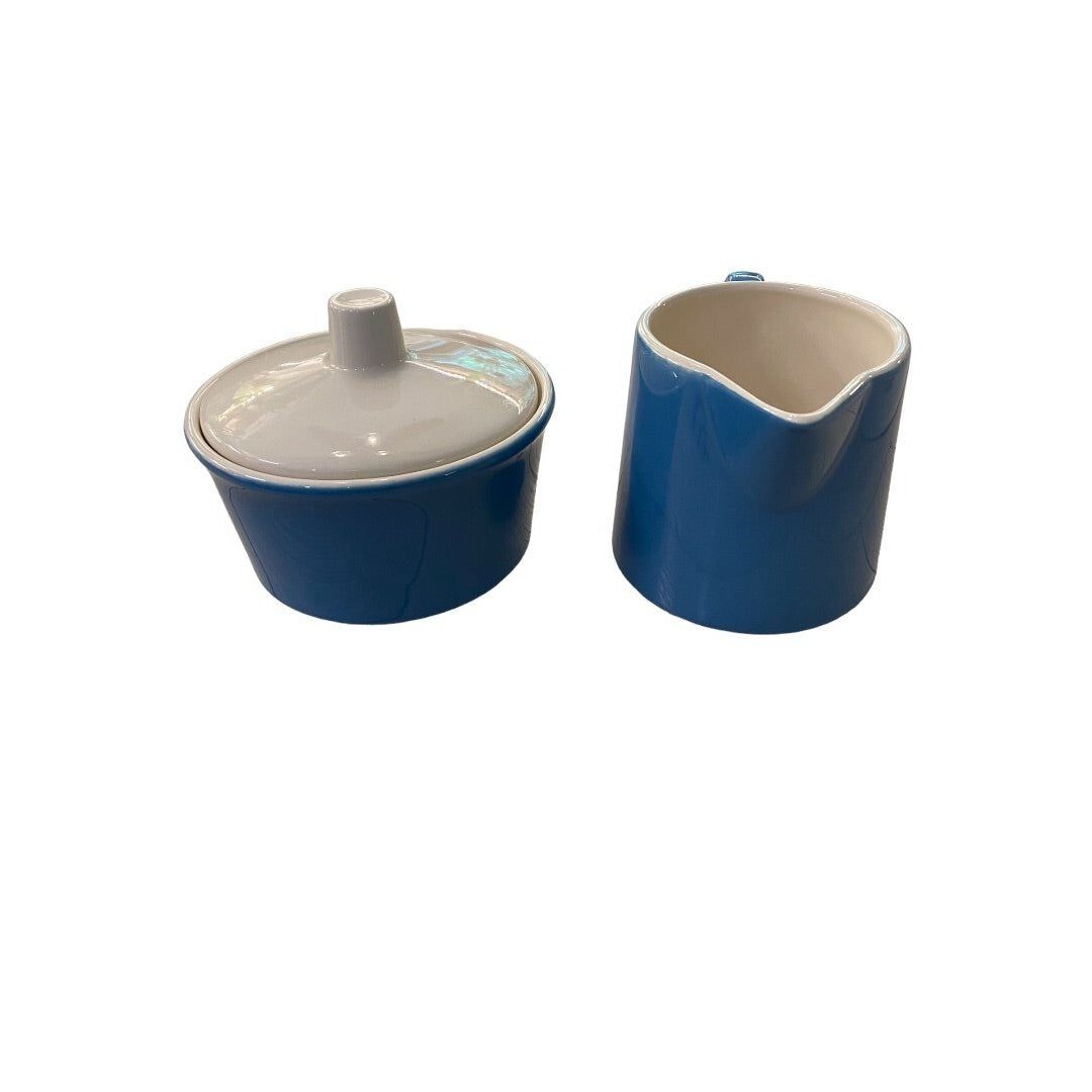 Blue White Ceramic Creamer and Lidded Sugar Bowl Midcentury Style
