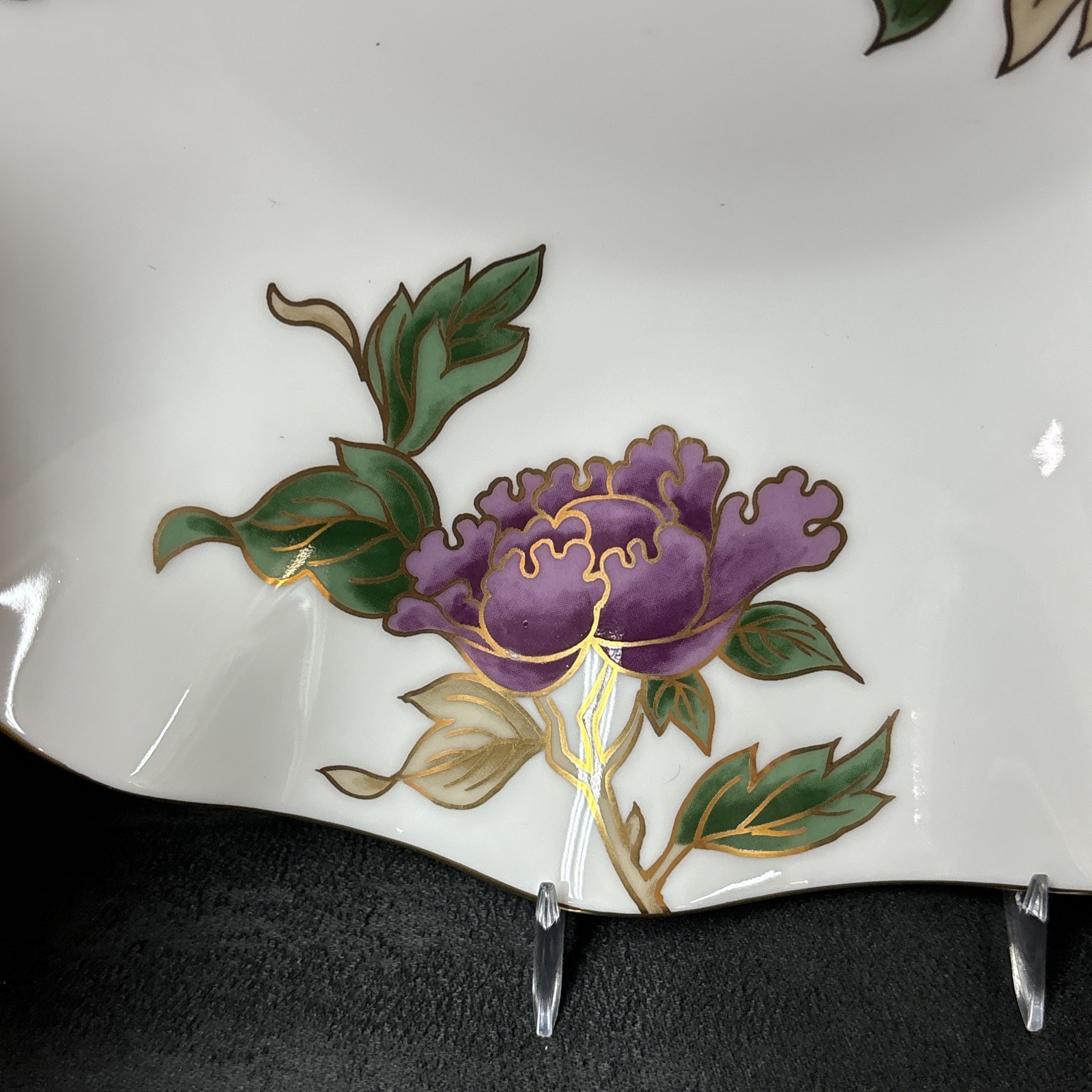 Fitz and Floyd CLOISONNE PEONY White Ruffled Edged Bowl 10 1/8 Inches