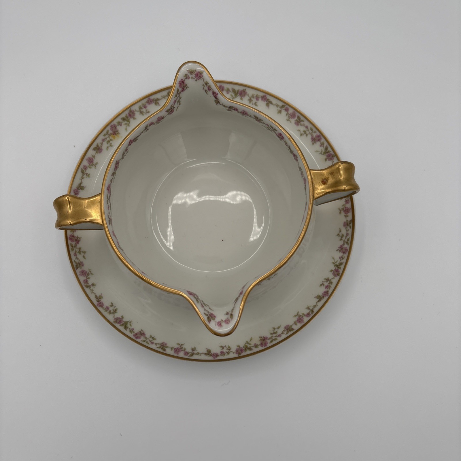 Haviland Limoges Gold Rim Double Spout Sauce Dish White & Gold With Underplate
