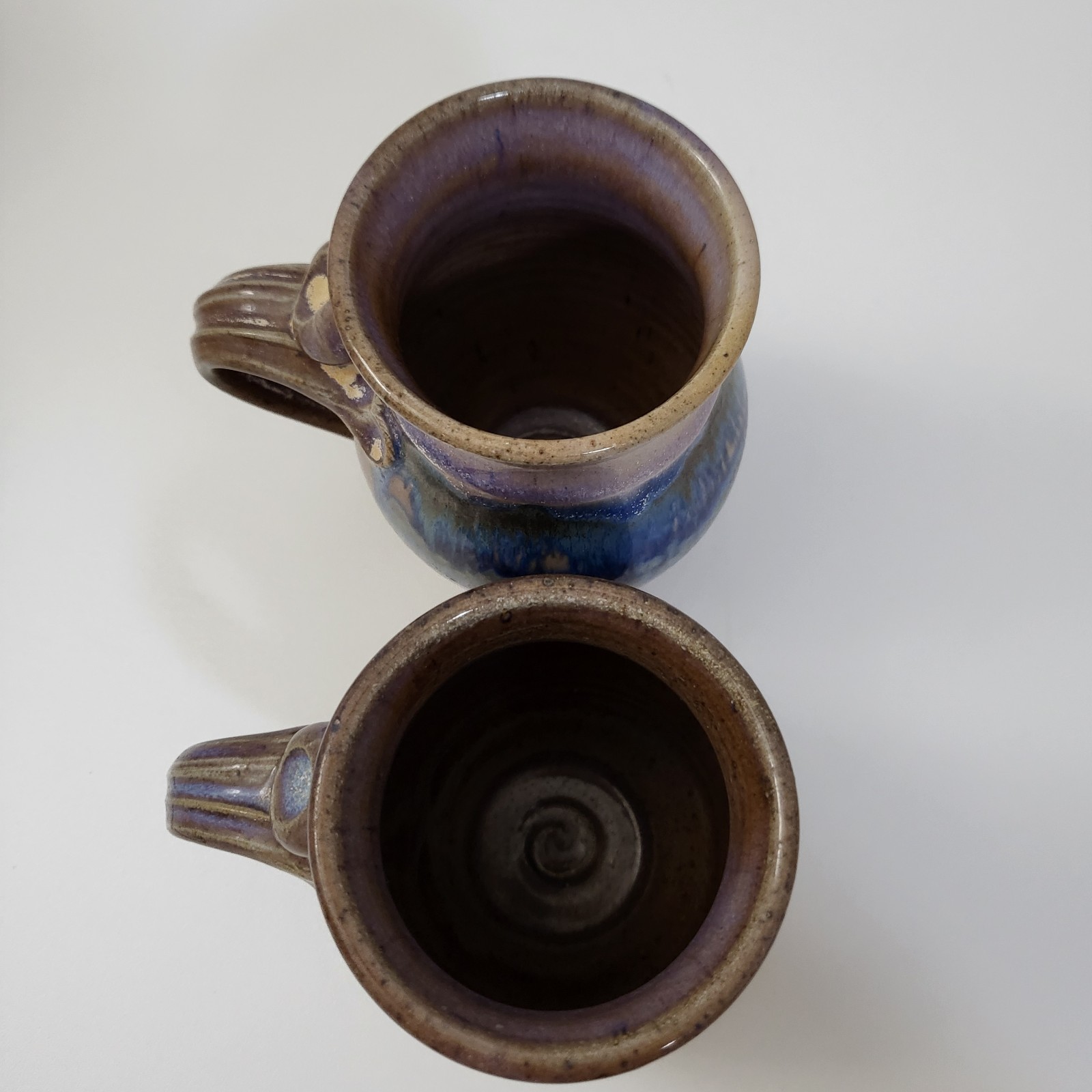 Set Of 2 Handcrafted Drip Glaze Studio Art Pottery Coffee Mugs Brown Blue Signed