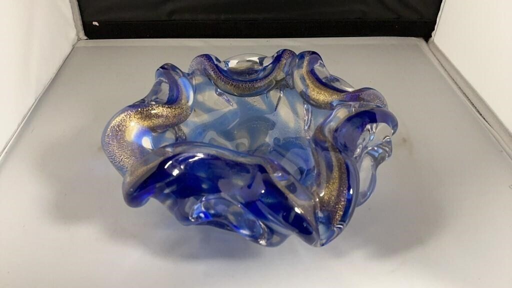 Vintage Lavorazione Arte Murano Blue Gold Aventurine Glass Bowl Label Italy