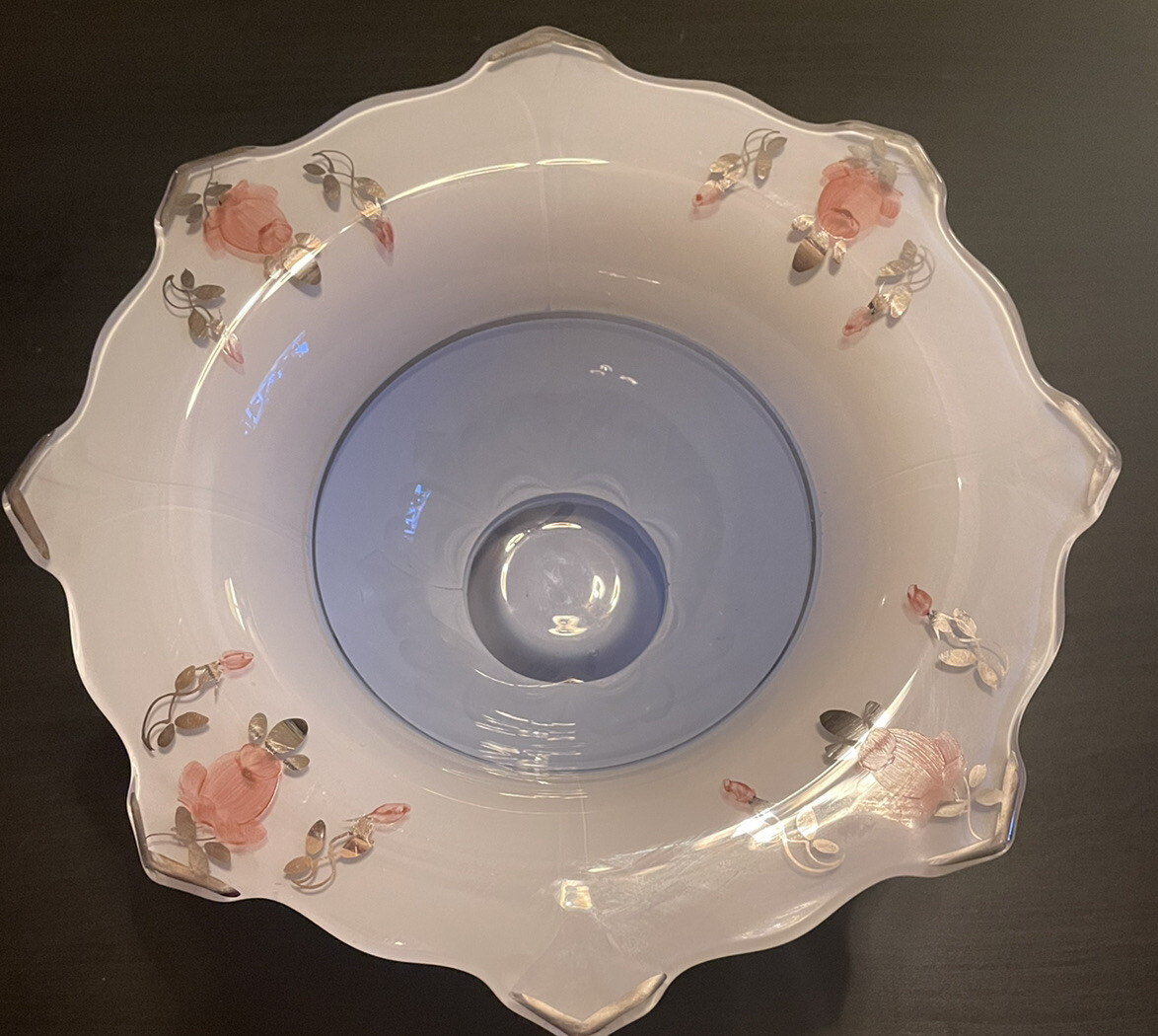 Baby Blue Art glass Bowl Pink Roses Platinum trim on Clear & White Glass