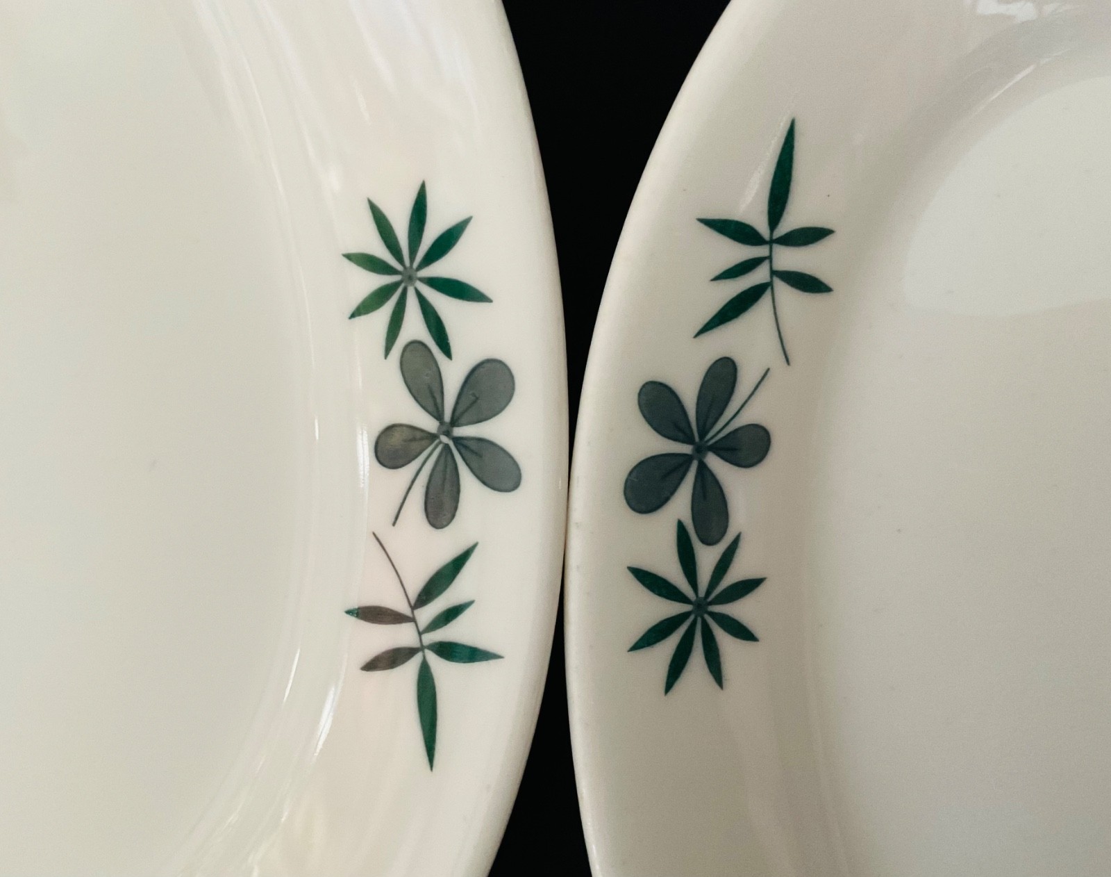VTG HOMER LAUGHLIN BEST CHINA 4~OVAL SIDE PLATES 8x6x1 GREEN FLORAL TRM ON WHITE