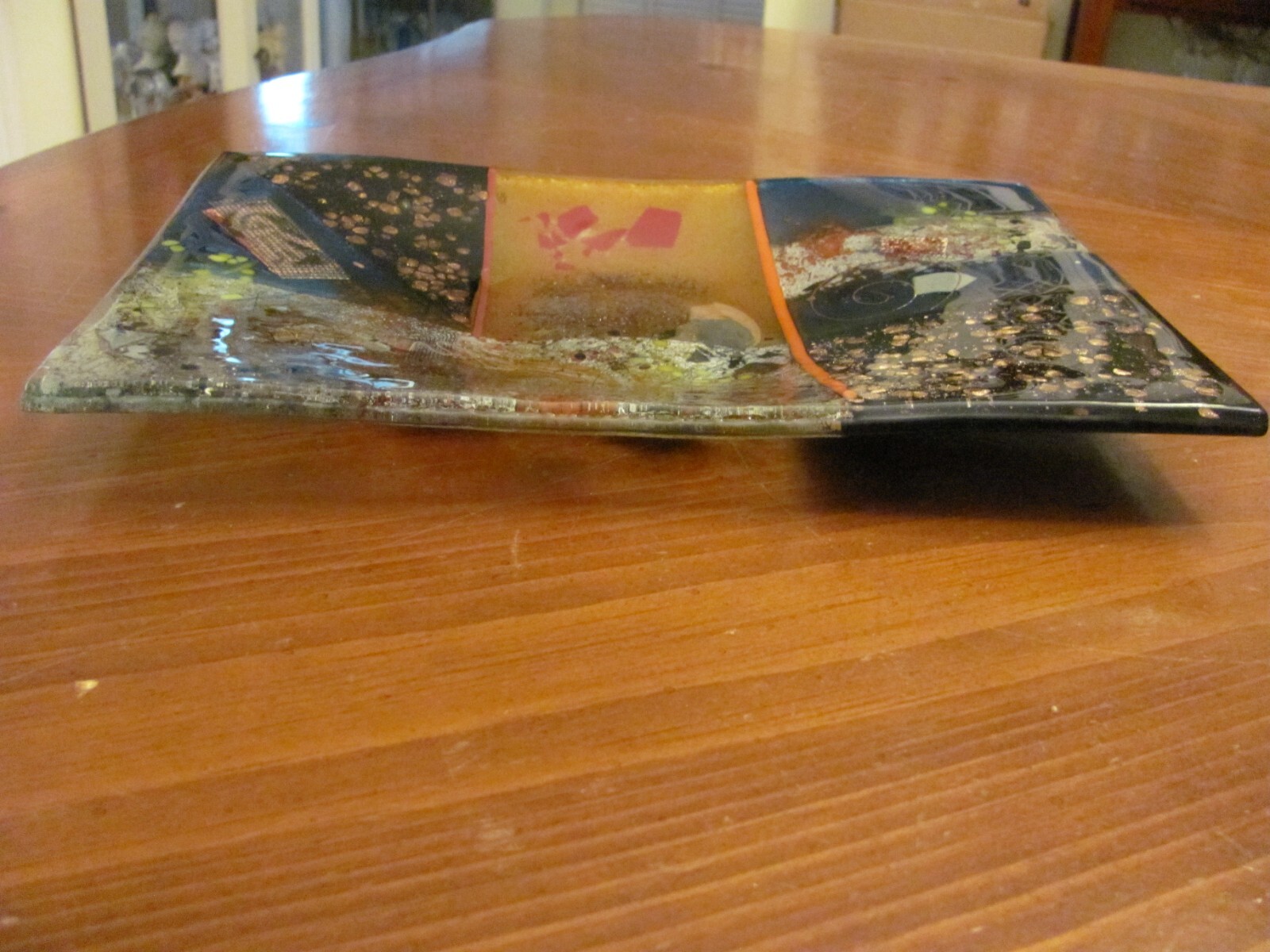 STUNNING FUSED DICHROTIC ART GLASS ABSTRACT RECTANGULAR SERVING TRAY DISH 12″X8″