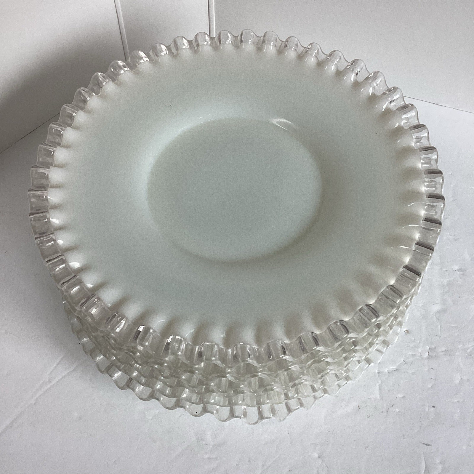 7 Fenton Milk Glass Silver Crest Ruffled Edge Dessert Salad Plates 8 3/4 “