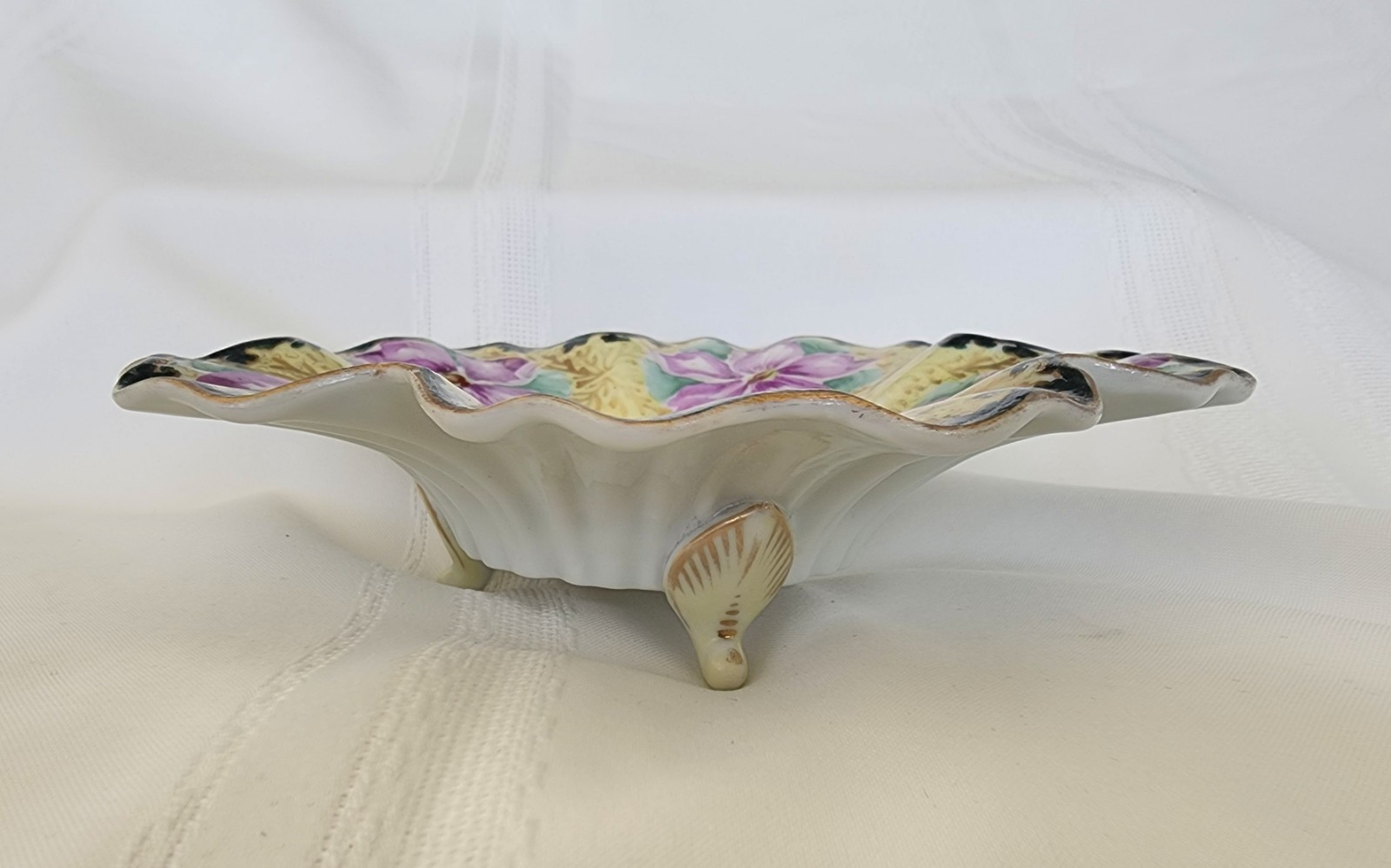 Antique Porcelain Hand Painted Purple & Gilded Floral Ftd Scalloped Bowl 8×2.25