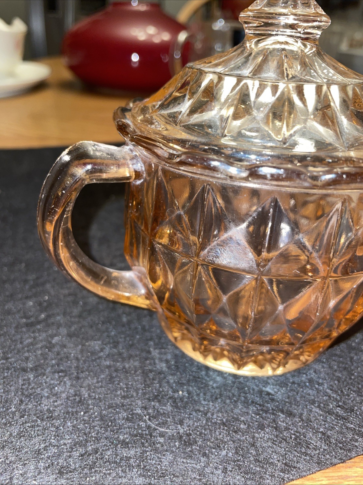 Jeanette Windsor Pink Depression Glass Sugar Bowl & Lid. Pink Diamond Pattern
