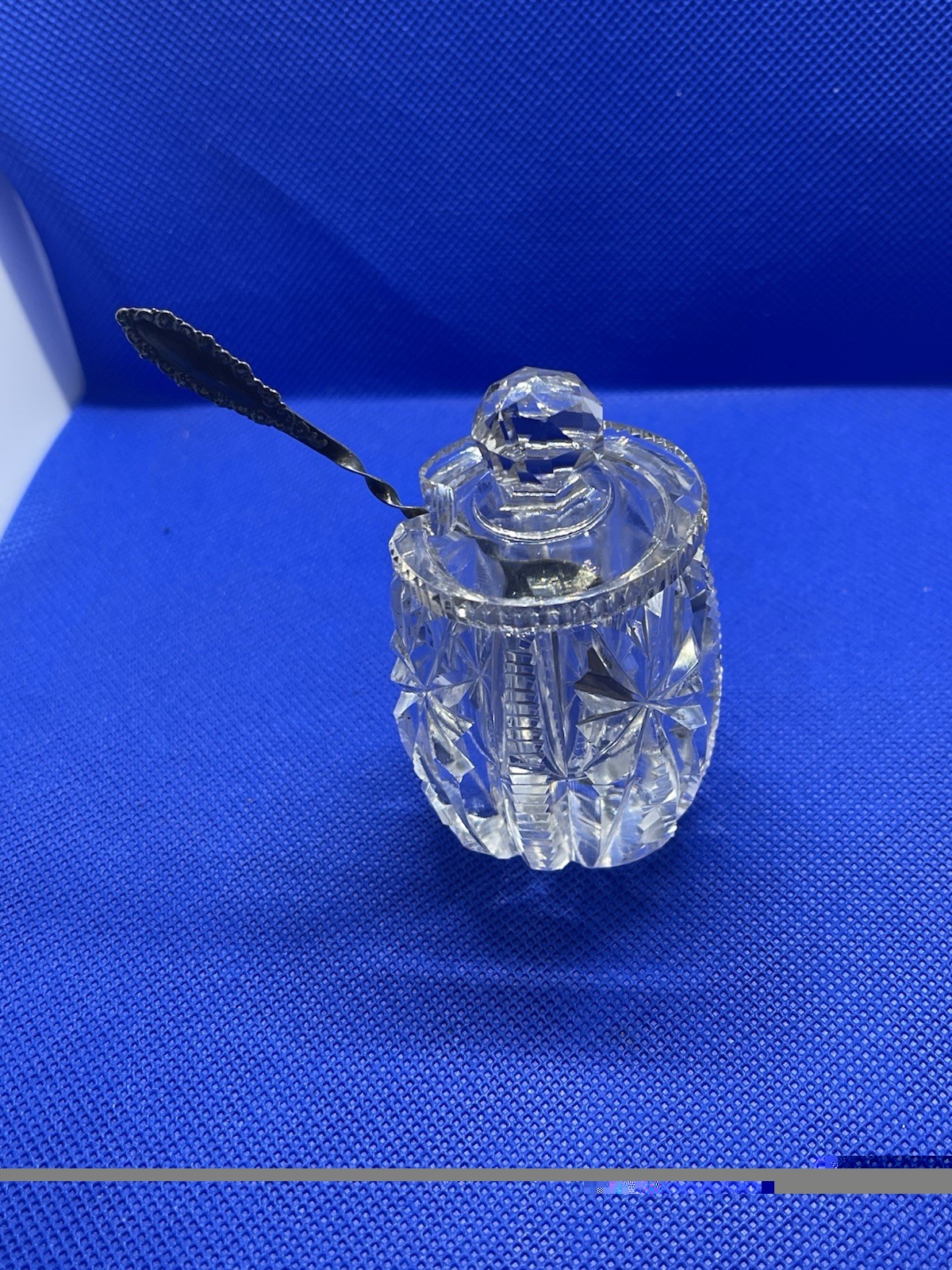 Vintage Cut Crystal Condiment Jar w/ Lid & Sterling Silver Spoon