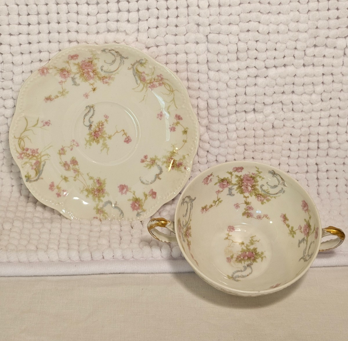 Bouillon cups w/ saucers, set of three, vintage china, Haviland, Cauldon, Pouyat