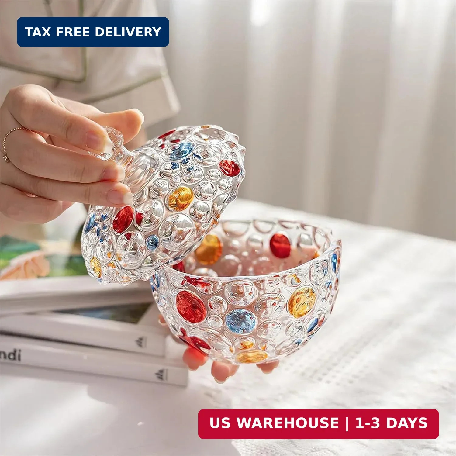 Colorful Glass Candy Jar, Elegant Hand Painted Candy Server Crystal Candy Bowl w