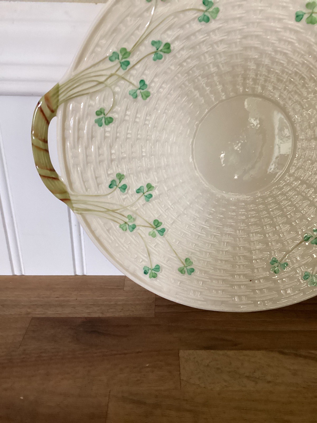 Vintage Belleek Shamrock Basket Weave Handled Cake Serving Platter Plate