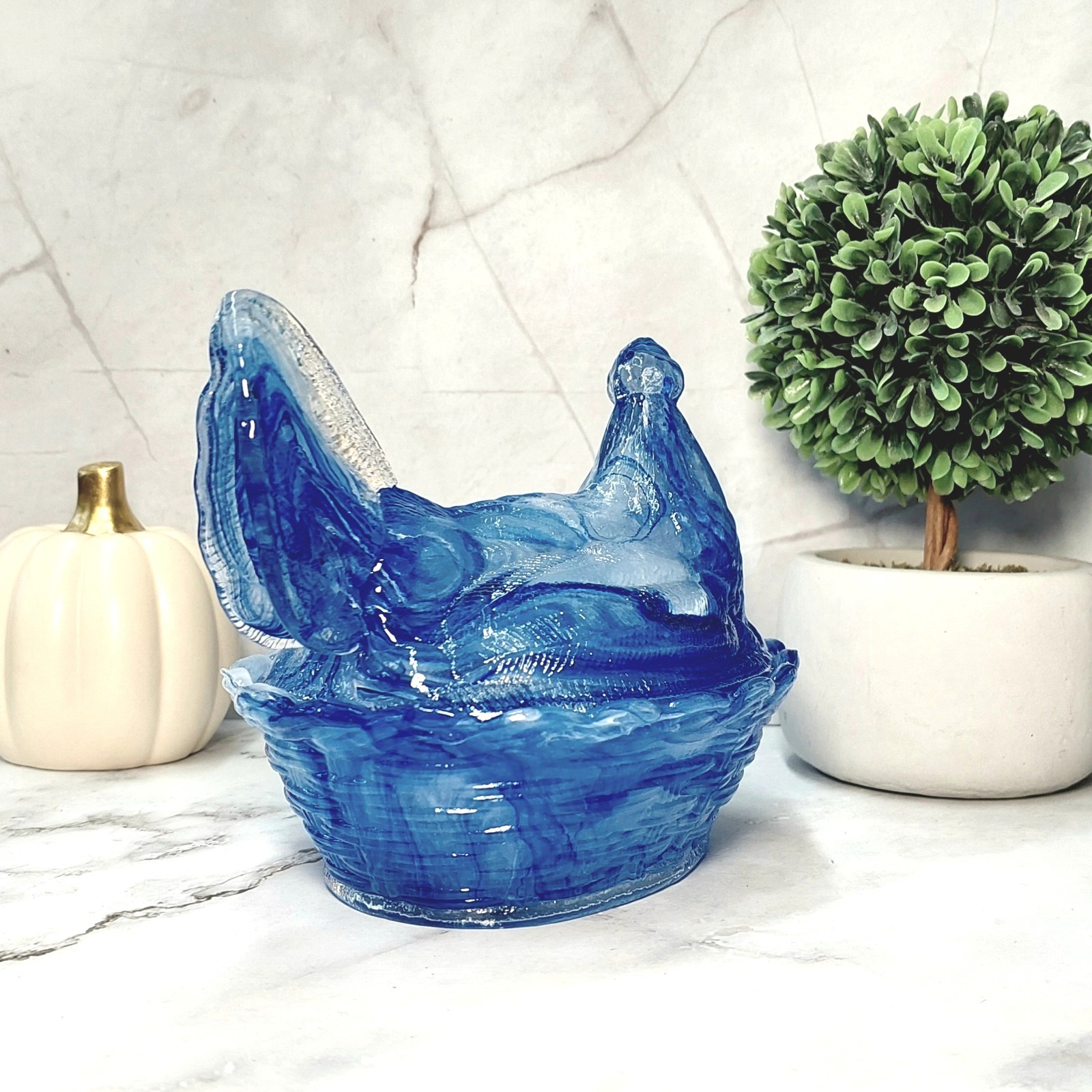 Hen on Nest Chicken Blue Cream Swirl Glass Depression Style Candy Dish, Vintage