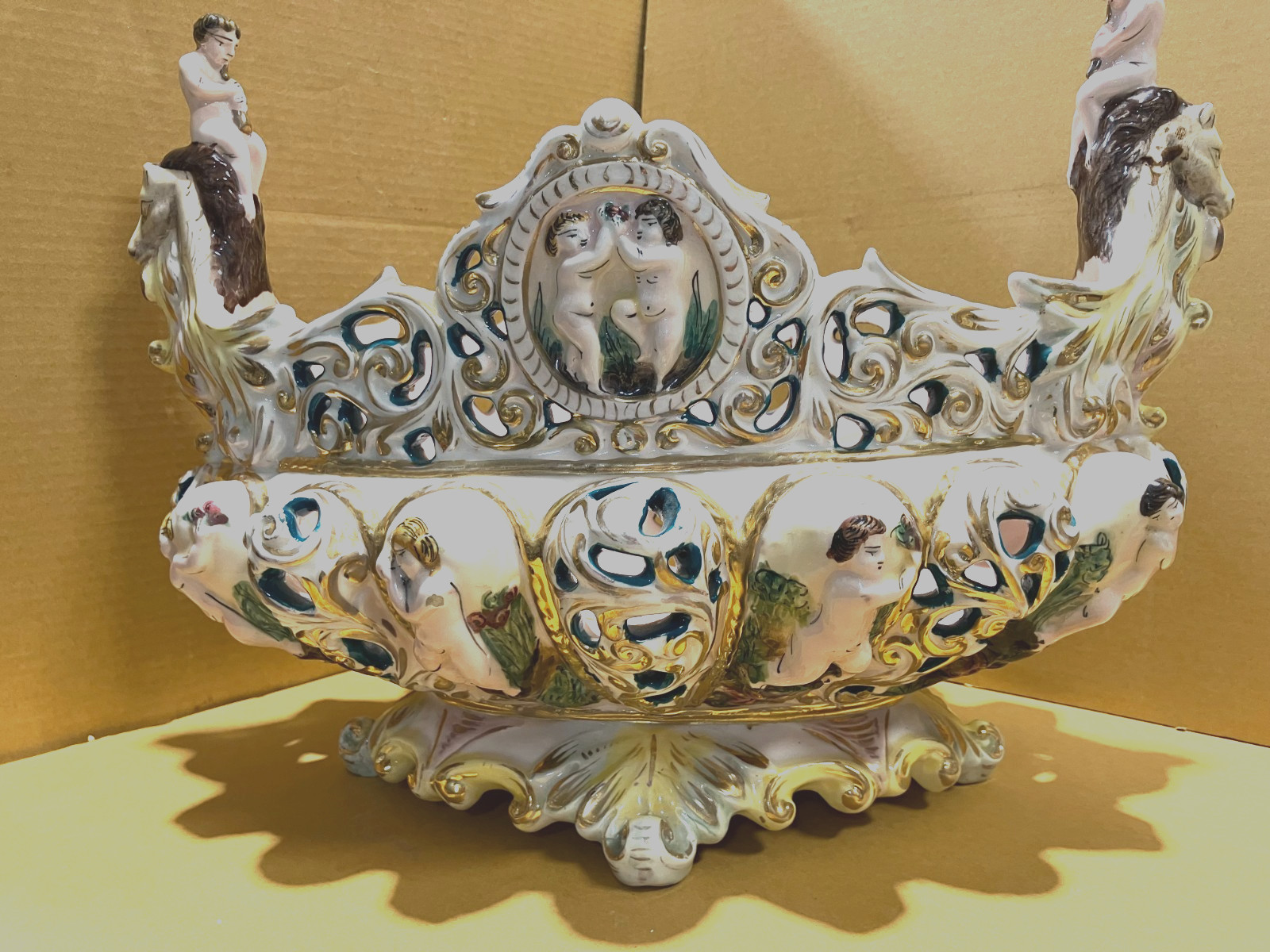 Antique Vintage Italian Capodimonte Cherub Porcelian Fruit Bowl Italy#243