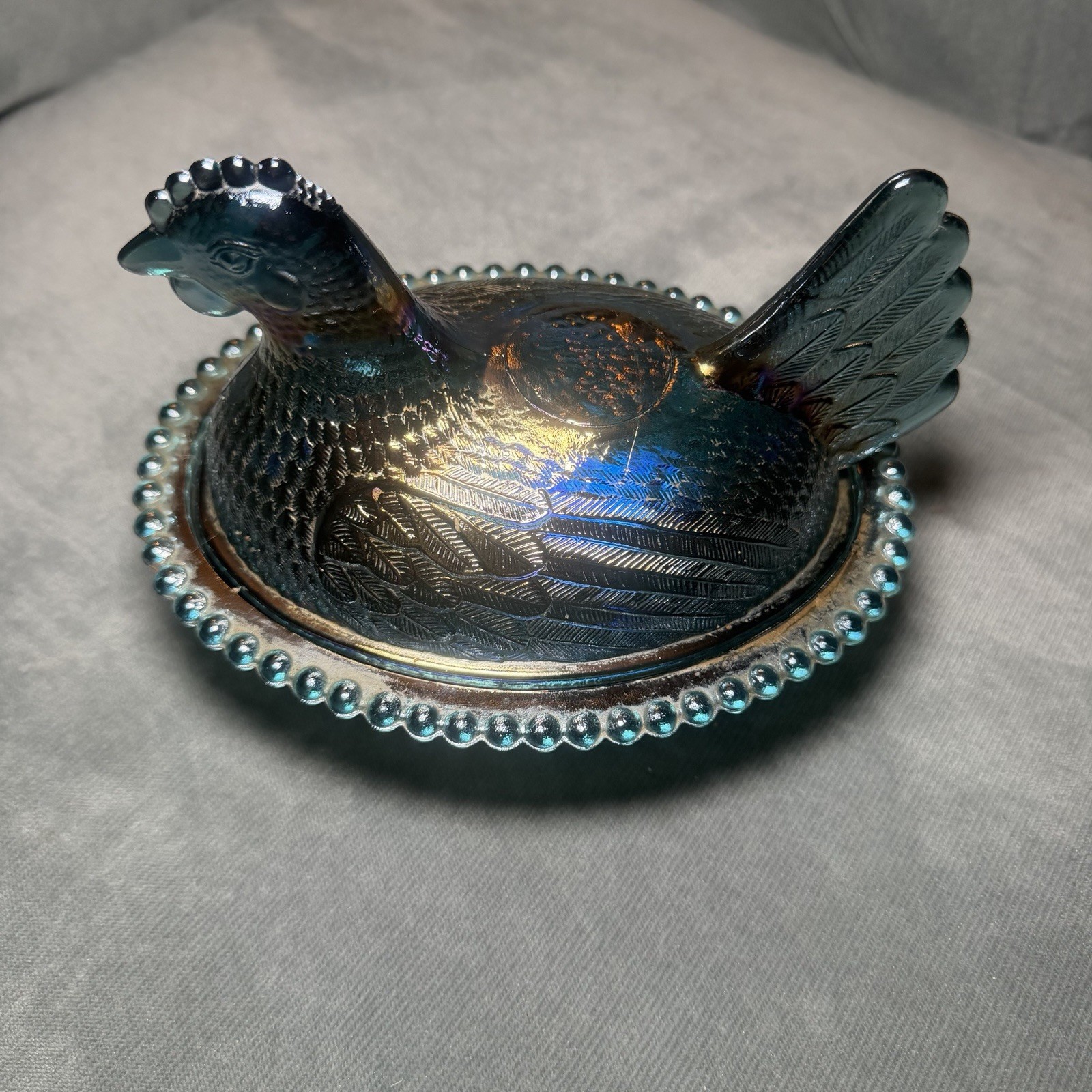 VTG Indiana Hen On a Nest Beaded Candy Dish 7″ Iridescent Blue Carnival Glass