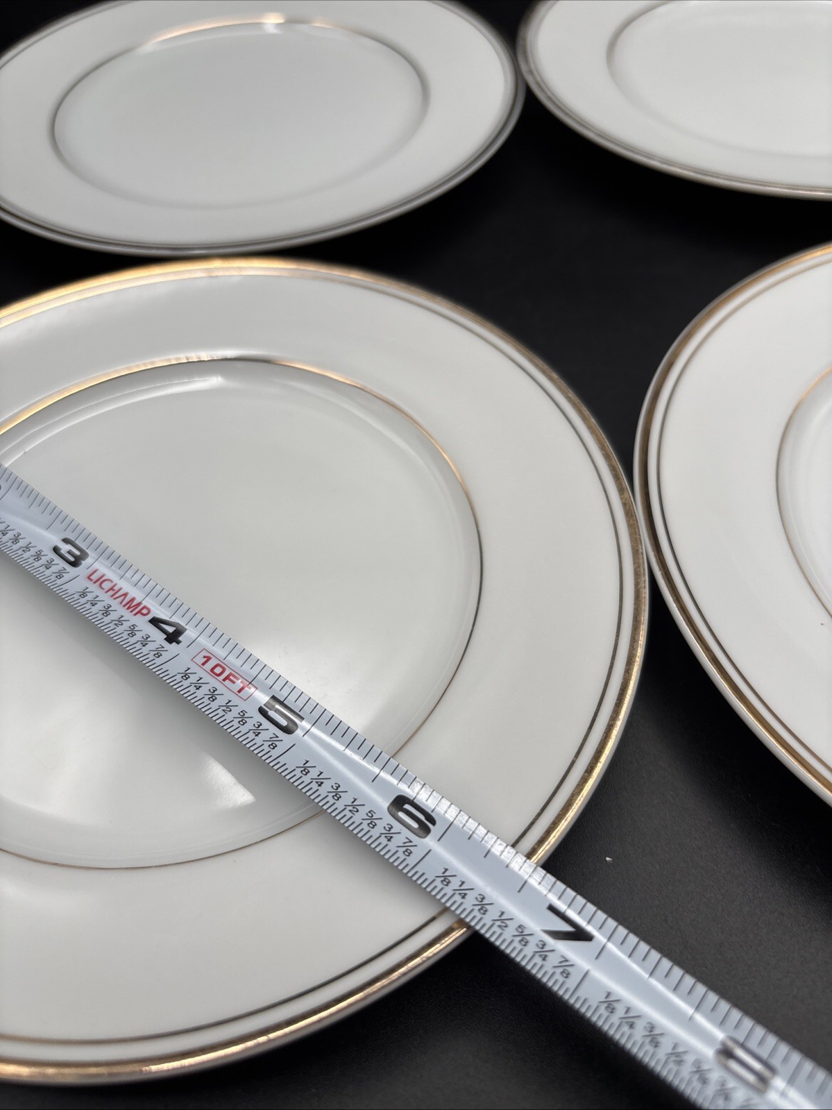 Set Of 4 VTG ROYALE AURUM PORCELAIN WHITE W/GOLD TRIM 6 1/2″ BREAD PLATES Japan