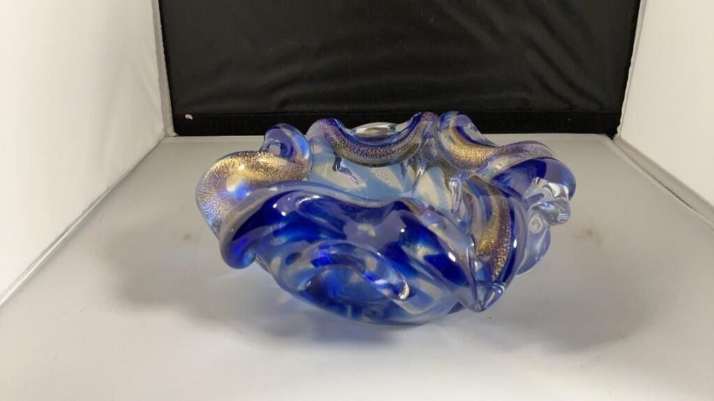 Vintage Lavorazione Arte Murano Blue Gold Aventurine Glass Bowl Label Italy