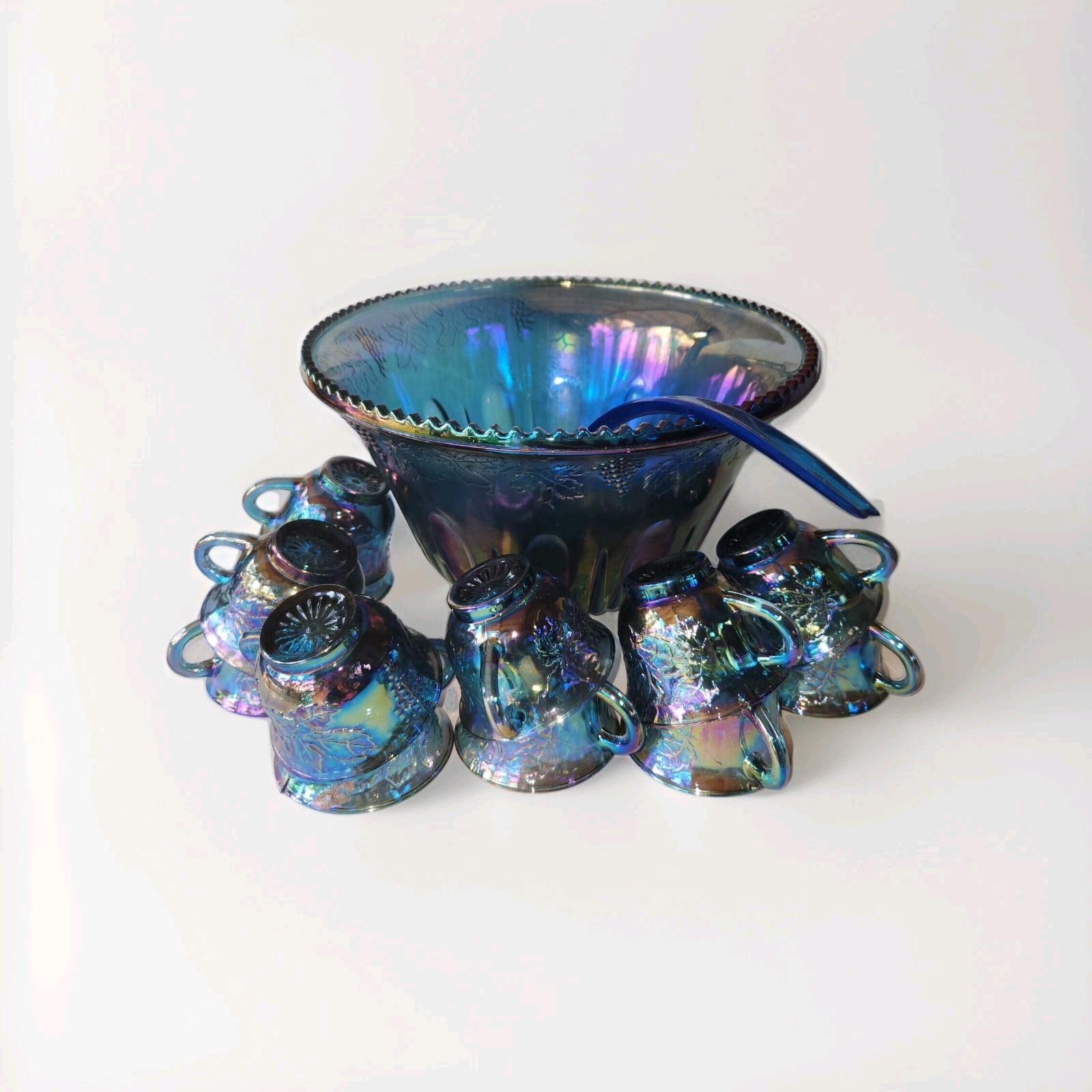 Vintage Indiana Glass Grape Harvest Punch Bowl Set Princess Blue Iridescent 14pc