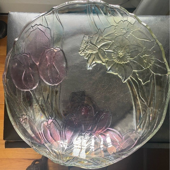 Vintage 13” CRYSTAL Round platter “BLOSSOM” Iridescent Colorful Design