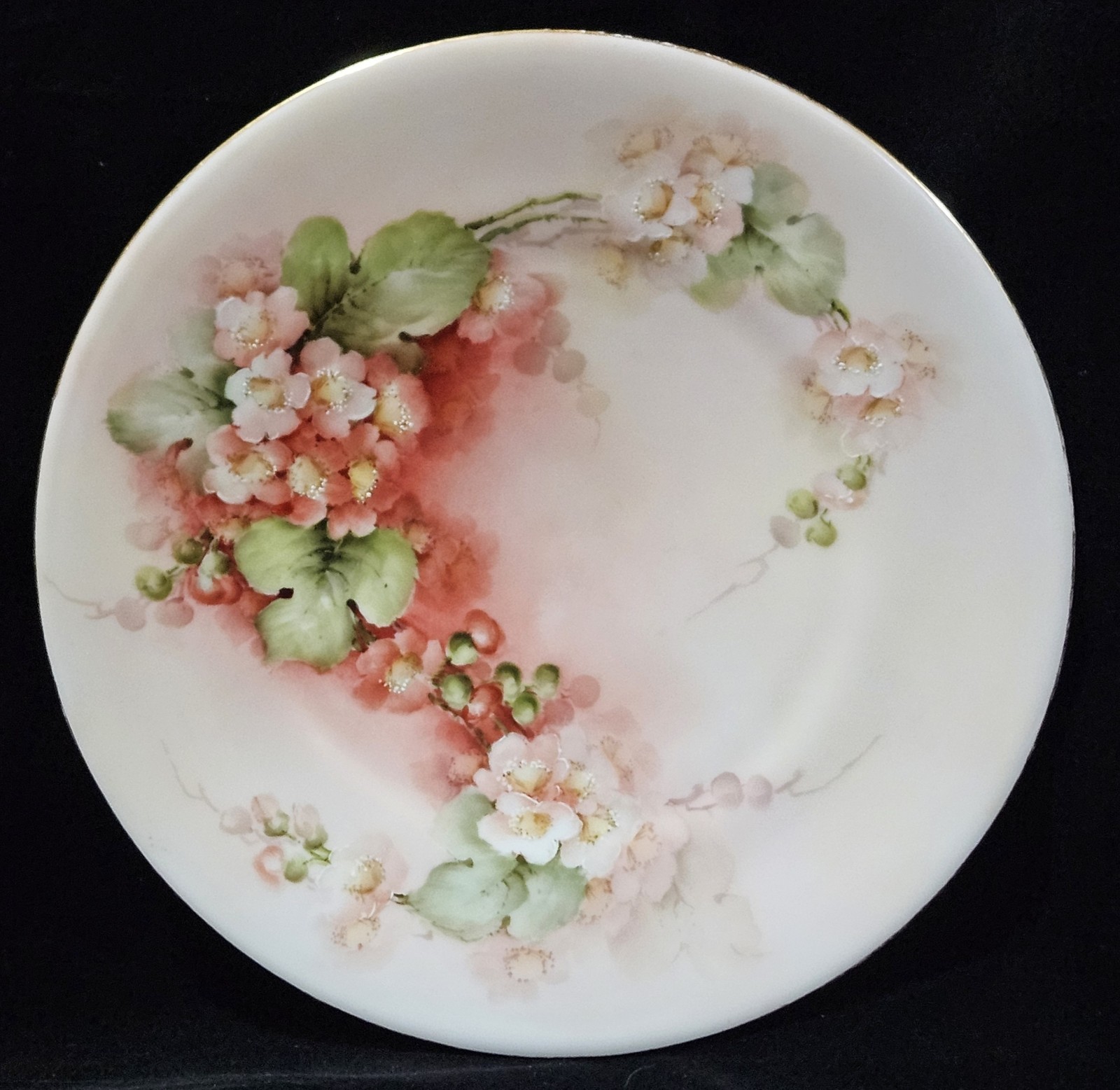 Antique White Pink Green Floral Plate Hand-painted Porcelain Cottagecore