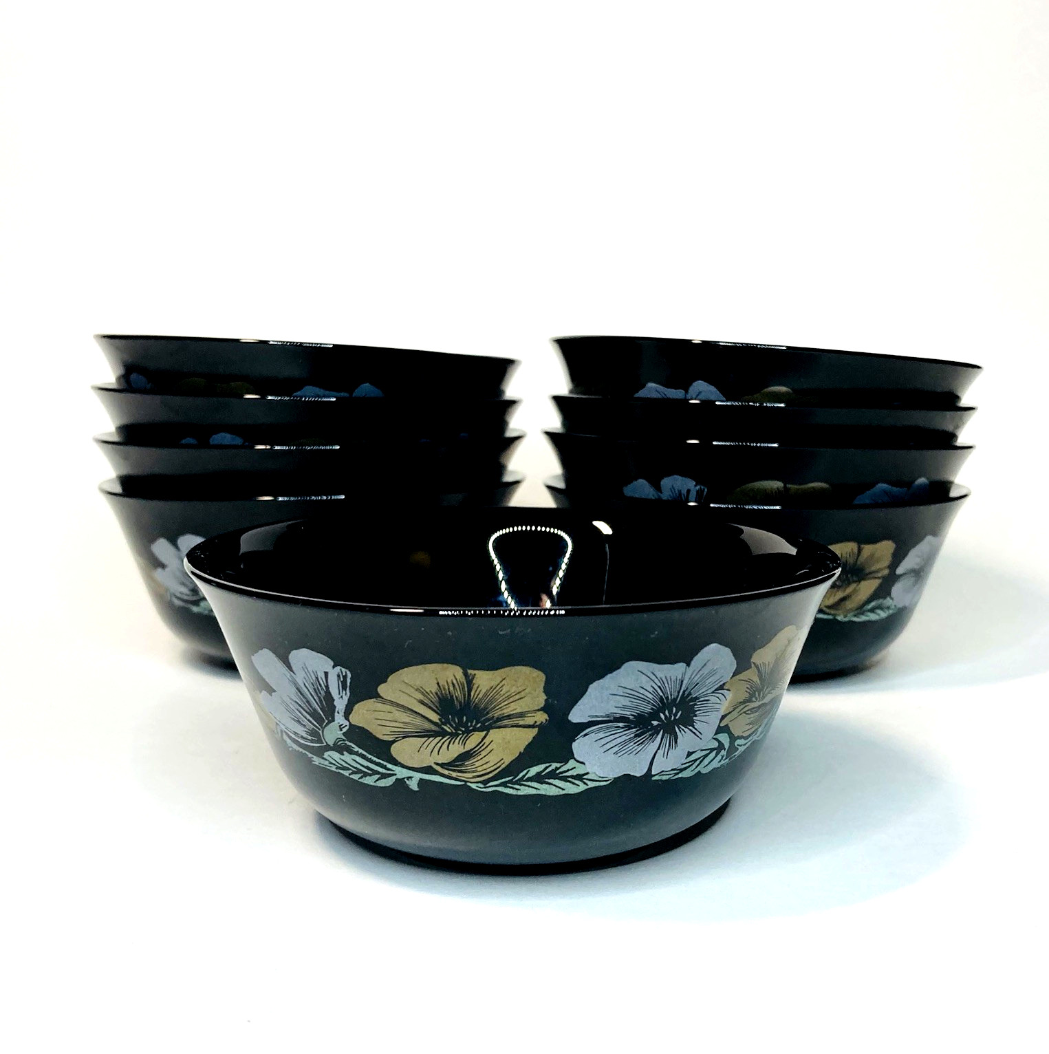 9pc Arcoroc JULIE Berry Fruit Bowl Black Glass France Gold Floral Vintage