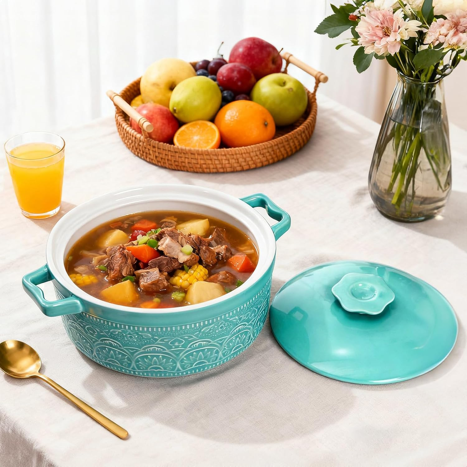 Elsjoy 2 Quart Round Ceramic Casserole Dish with Lid, 7.5 Inch Covered Casserole