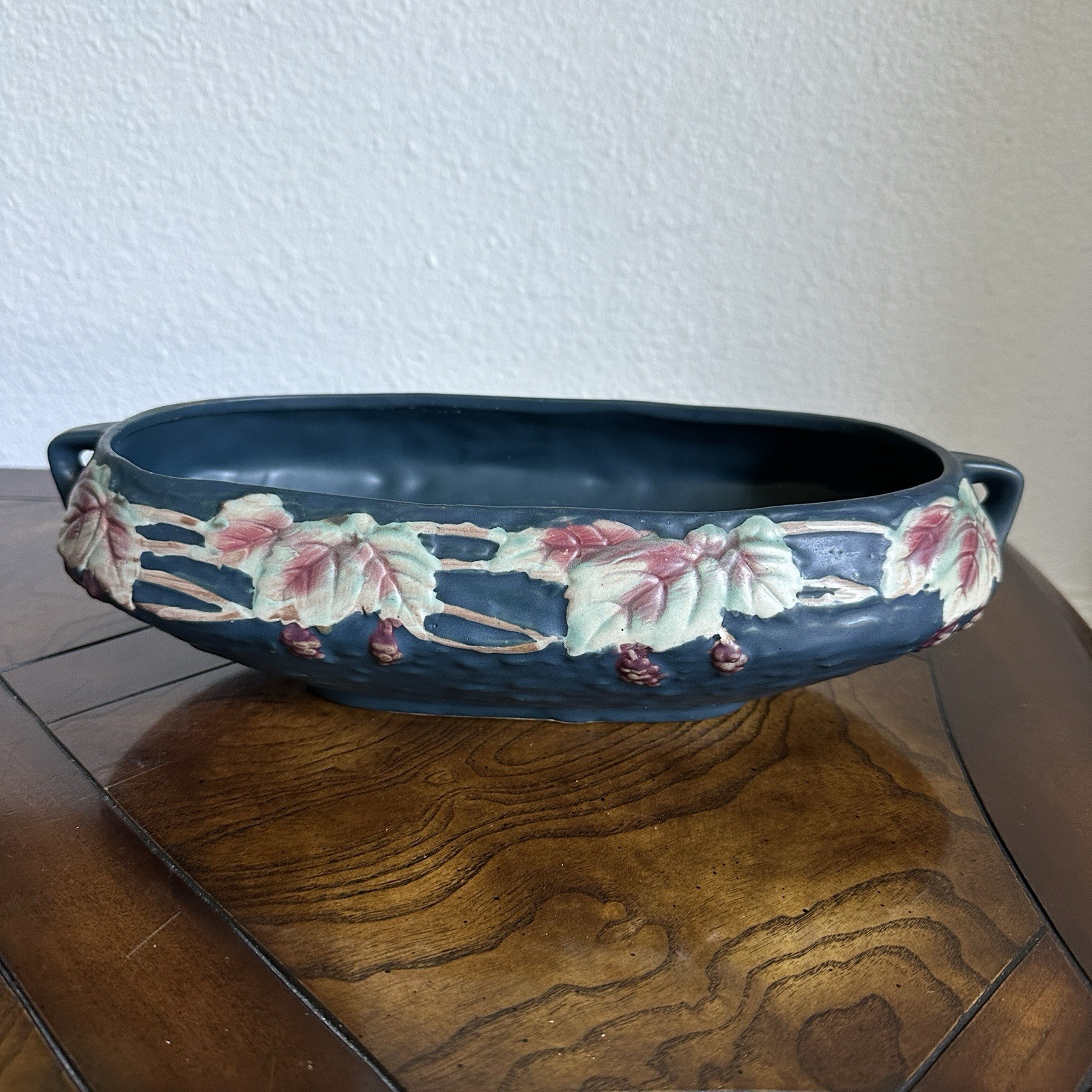 Roseville Art Reproduction Pottery Console Bowl 12 Inch Bushberry Blue Signed