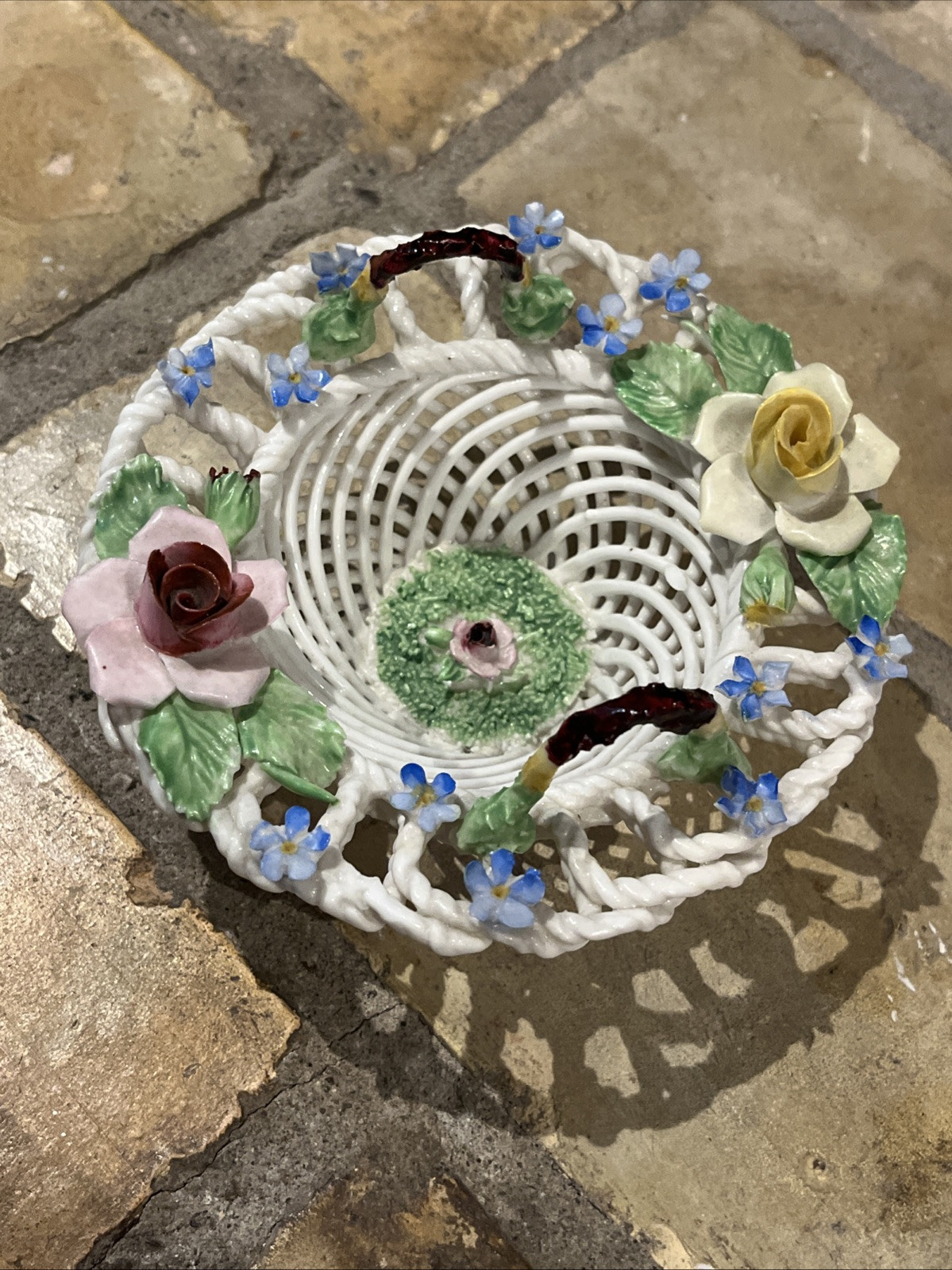 Vtg Denton Woven Porcelain Handled Basket Applied Flower Best Bone China ENGLAND