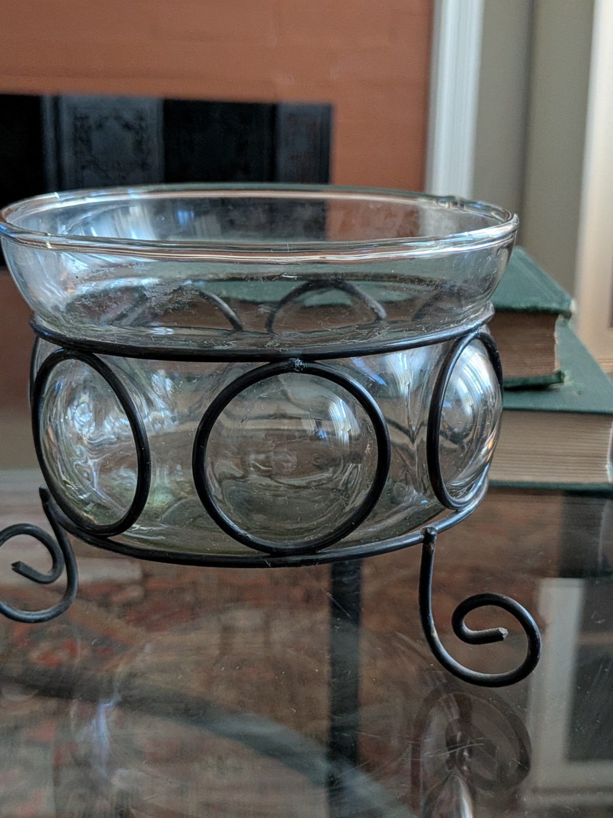 Vtg Blown Bubble Glass & Metal Caged Bowl Studio Welded Metal Frame 90s Art