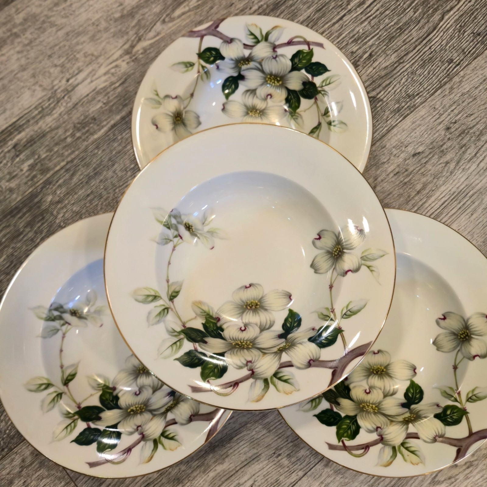 Vintage Dogwood floral Rimmed Soup Bowls Livonia Meito made in Occupied Japan x4