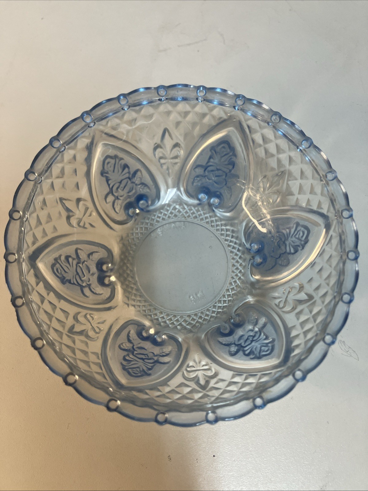 VTG KIG Indonesia Light Blue Pressed Glass Candy Dish Bowl Floral Heart 5”x2”