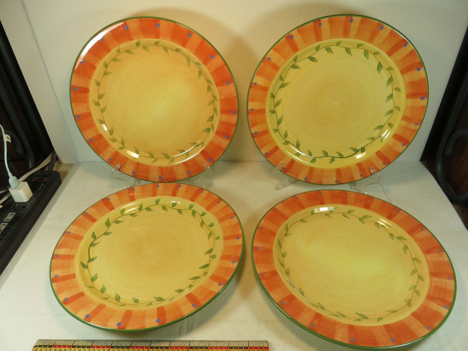 4 Pfaltzgraff Napoli Dinner Plates 11 3/4 inches Orange Border Yellow Center EUC
