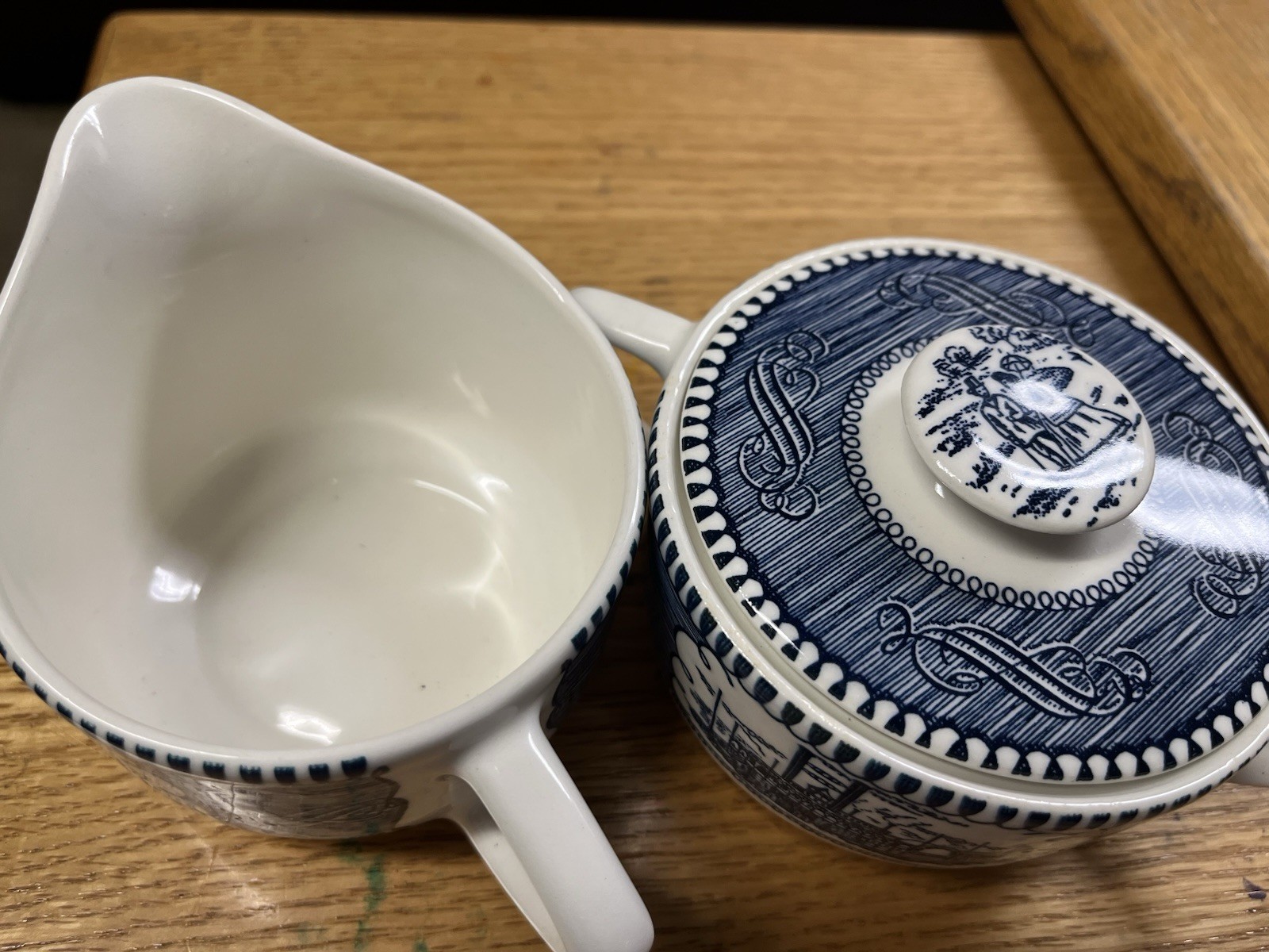 Currier Ives Royal China Blue & White Creamer and Sugar with Lid Set Excellent