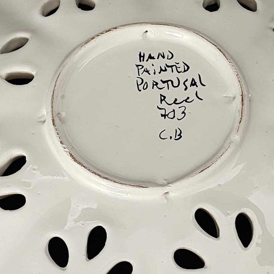 VTG RCCL Fruit Bowl Reticulated Hand Painted Portugal Signed Pottery Floral 14″