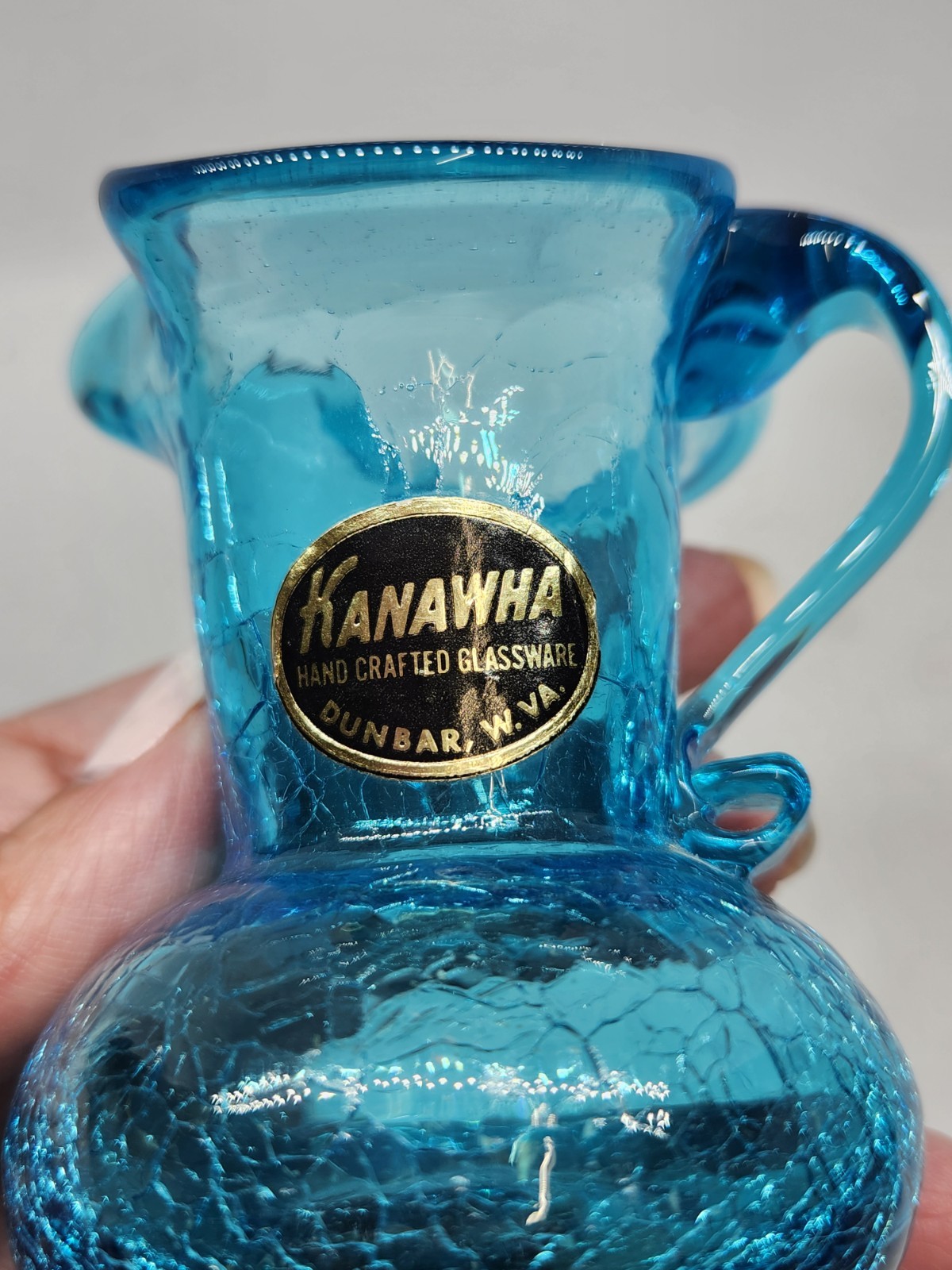 Vintage Kanawha Blue Crackle Glass Creamer Pitcher 3 Inches Glows!