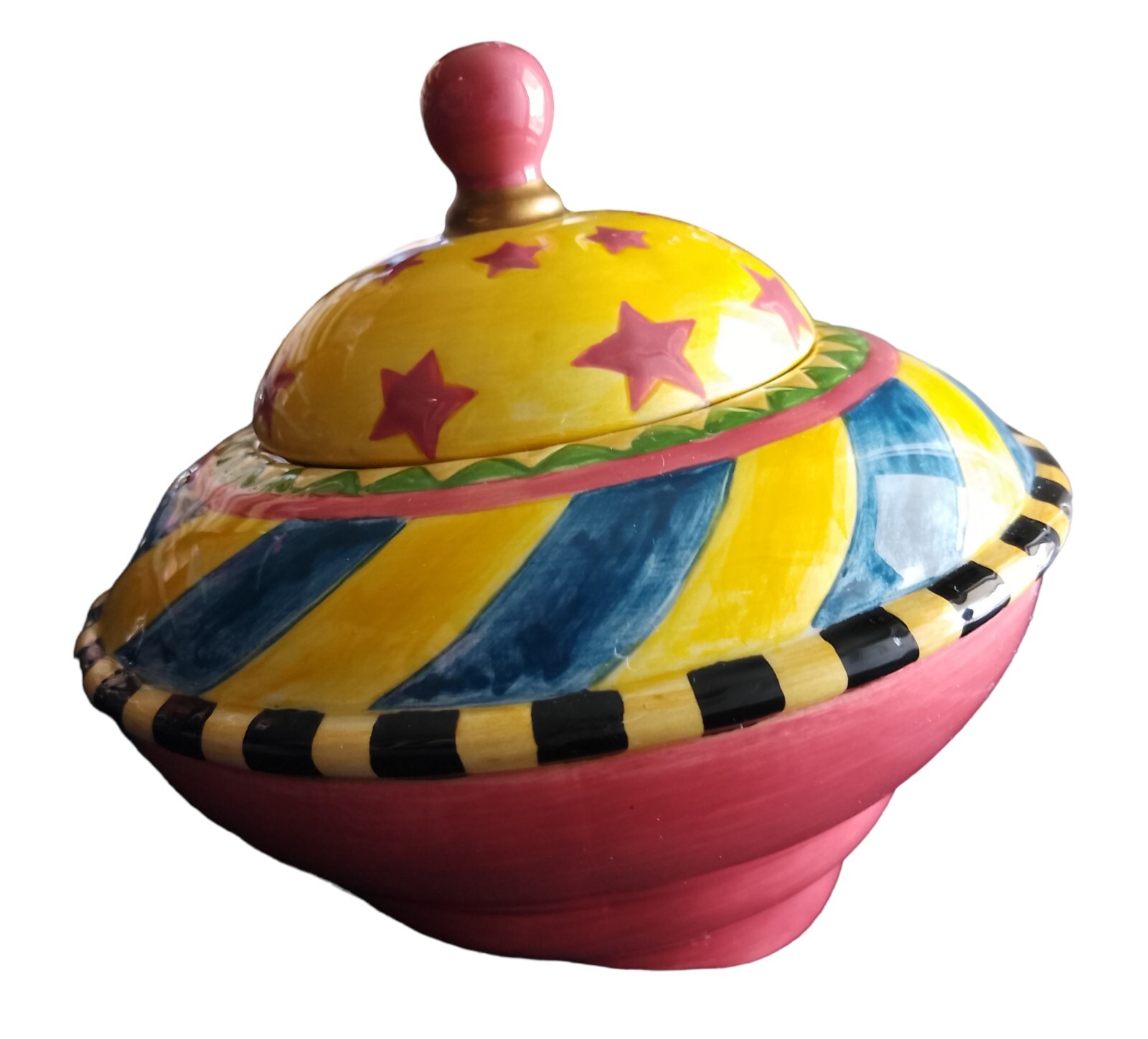 Vintage Vandor China 1997 colorful pottery slanted bowl 5” tall with lid jar