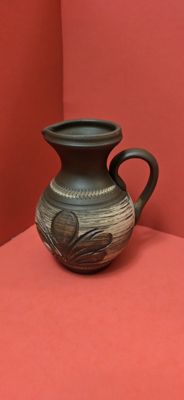 Vintage “Handarbeit” German Stoneware Pitcher Farmhouse Brown 6.25 in