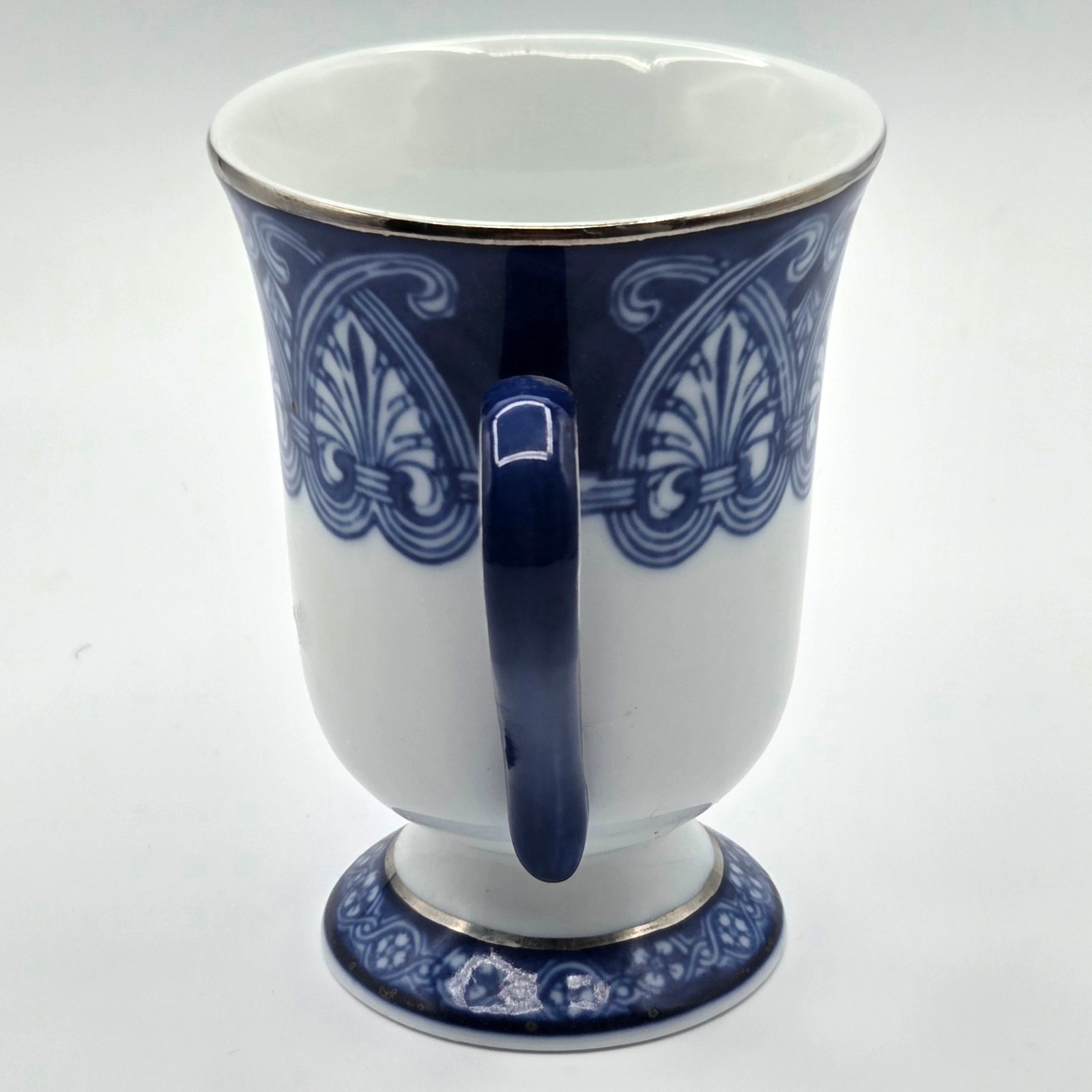 Bombay Arabesque Tile 4.5″ Footed Blue White Platinum Trim Tea Cup