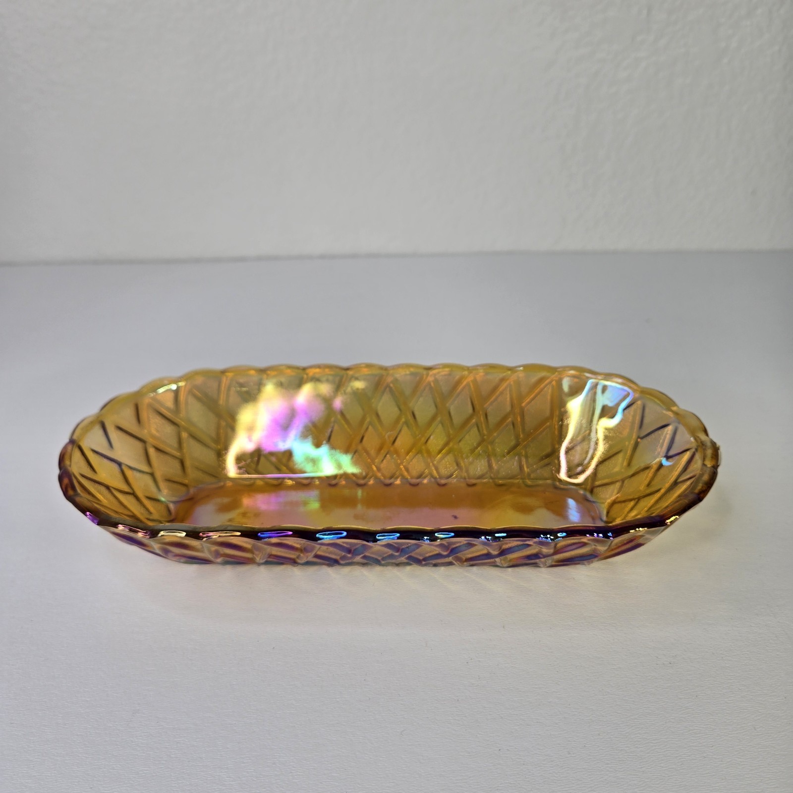 Vintage INDIANA Glass Amber Marigold Oblong Basket Weave Pattern Relish Dish