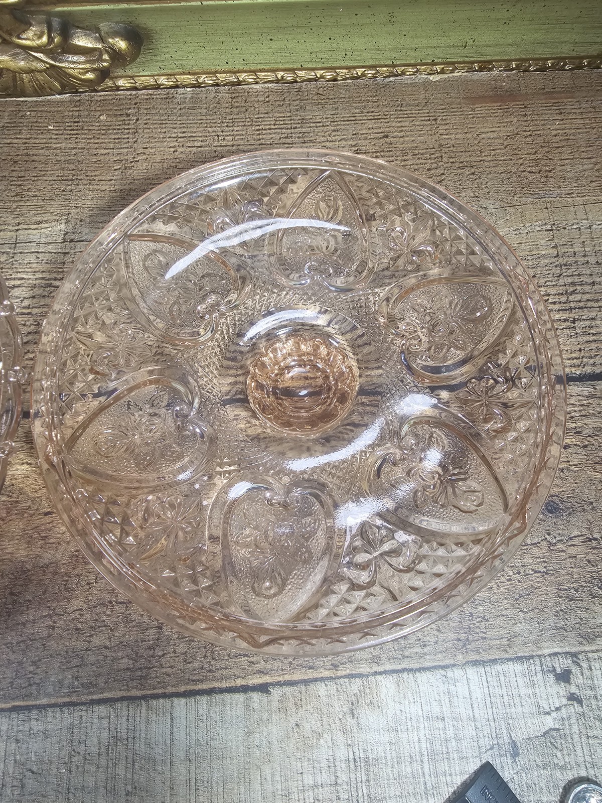 Vtg KIG Malaysia Pink Depression Glass Footed Candy Dish Heart & Rose Pattern