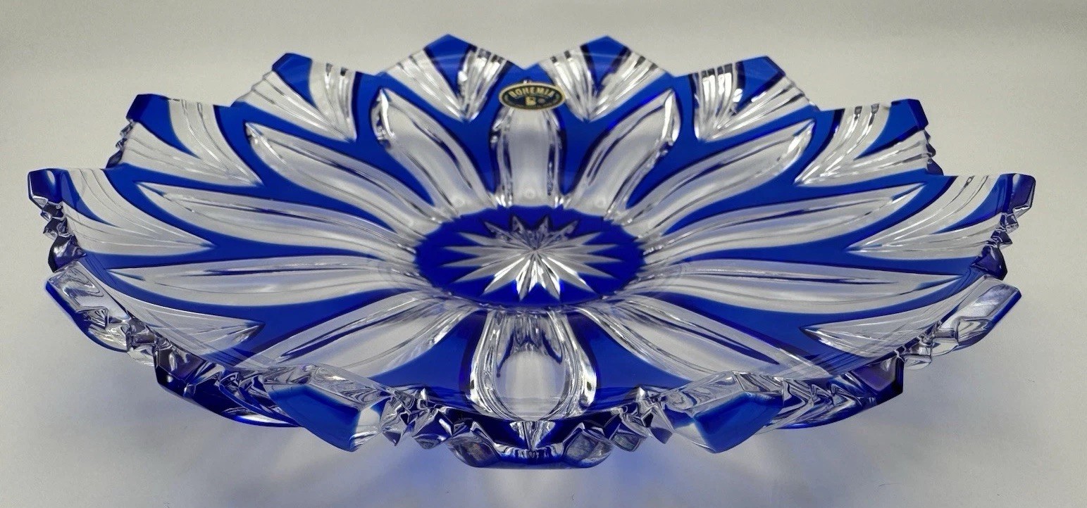 Bohemia Czech Cobalt Blue Cut to Clear Crystal Plate Charger Starburst