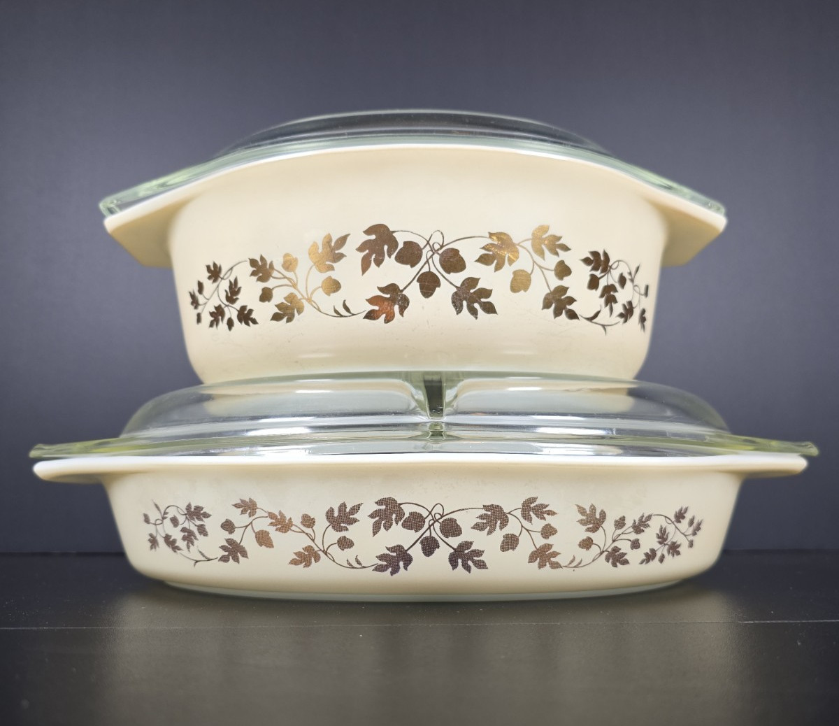 PYREX Golden Acorn Divided Dish and Oval Casserole w/ Lids PYREX Lot of 2