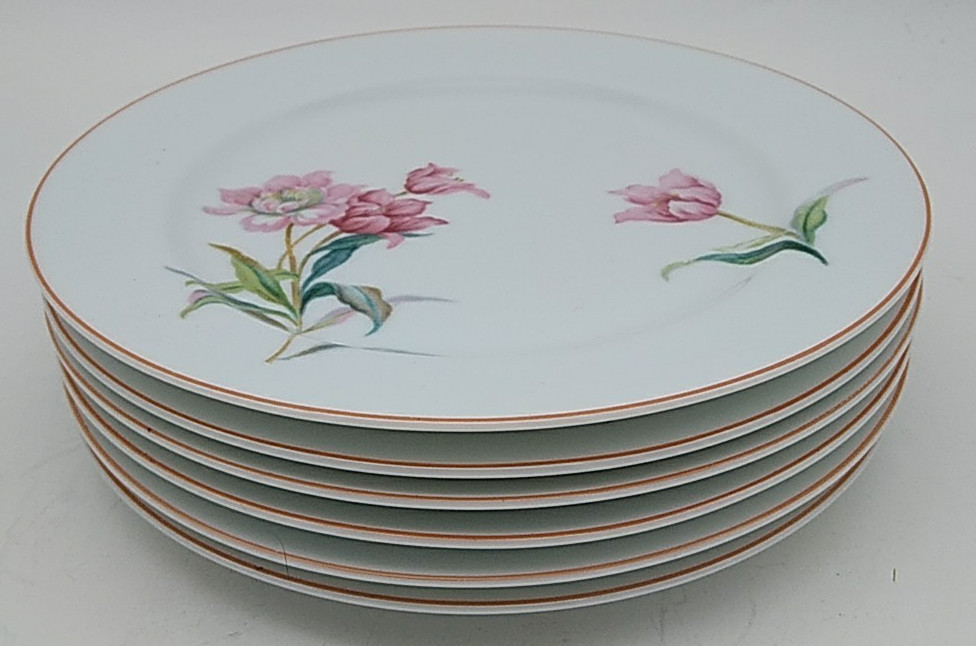 6 Noritake Pink Floral Salad or Dessert Plates White Pink Green Leaves Vintage