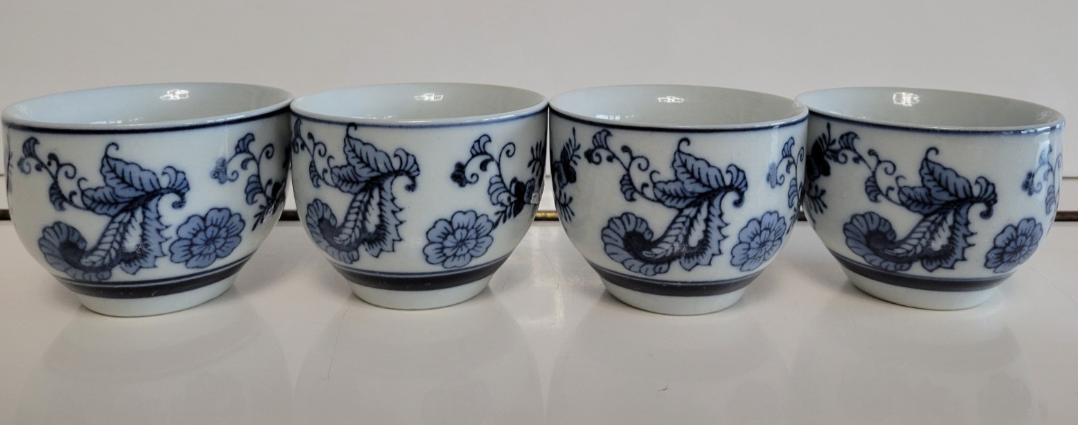4 PIER 1 IMPORTS PORCELAIN TEA CUPS WHITE AND BLUE 2.25 INCHES HOLDS 6 OZS