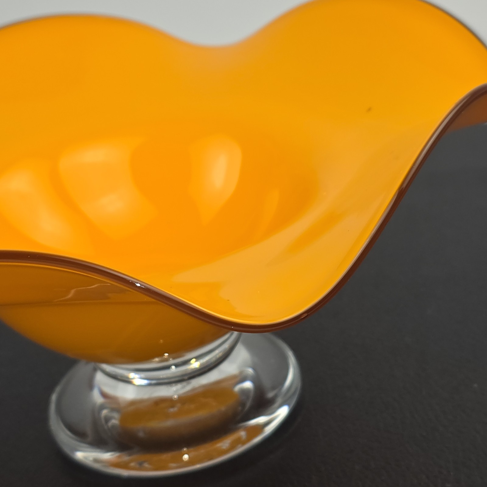 Vintage 1970s Teleflora Ruffled Tango Bowl Orange Art Glass Pedestal Centerpiece