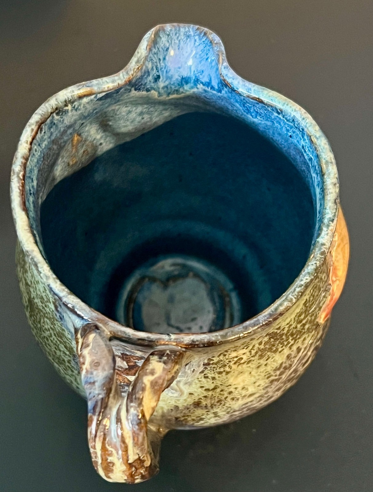 Colorful North Carolina Art Pottery ~ Glazed Leaf Pitcher ~ 5.5″ Tall Signed