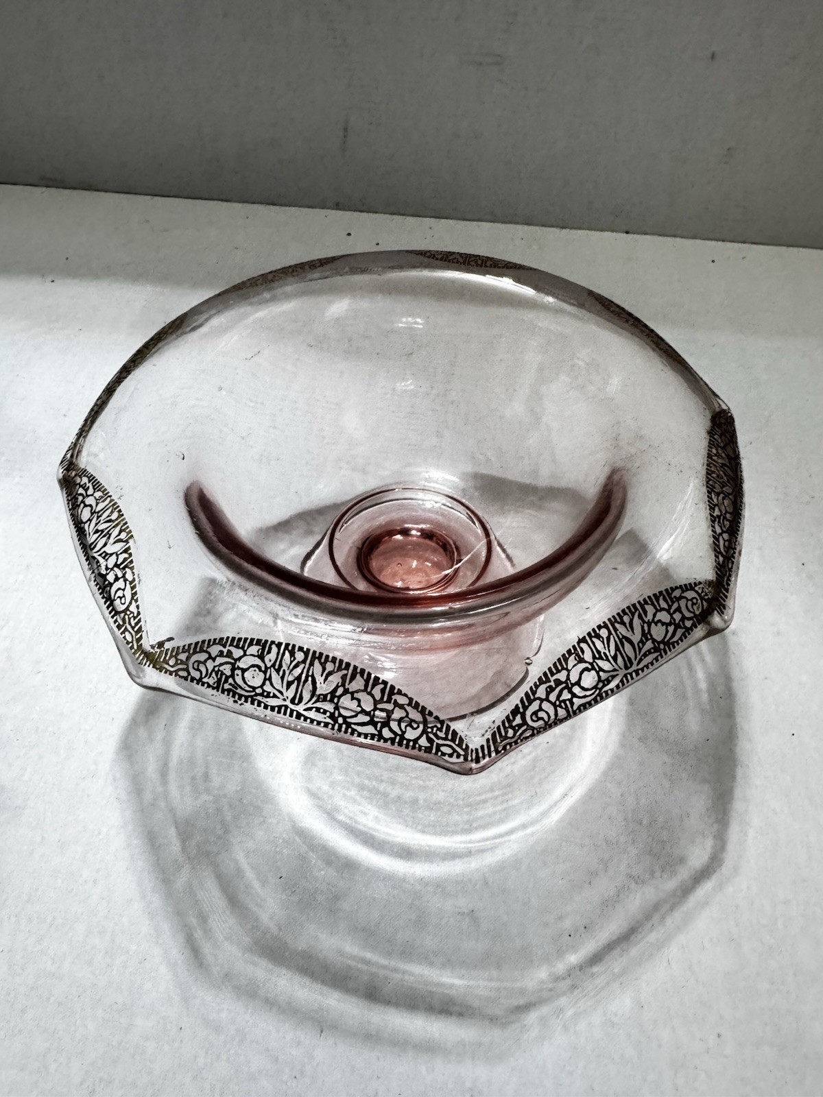 1930s Tiffin Rambling Rose Depression Glass Pedestal Candy Dish 24k Trim