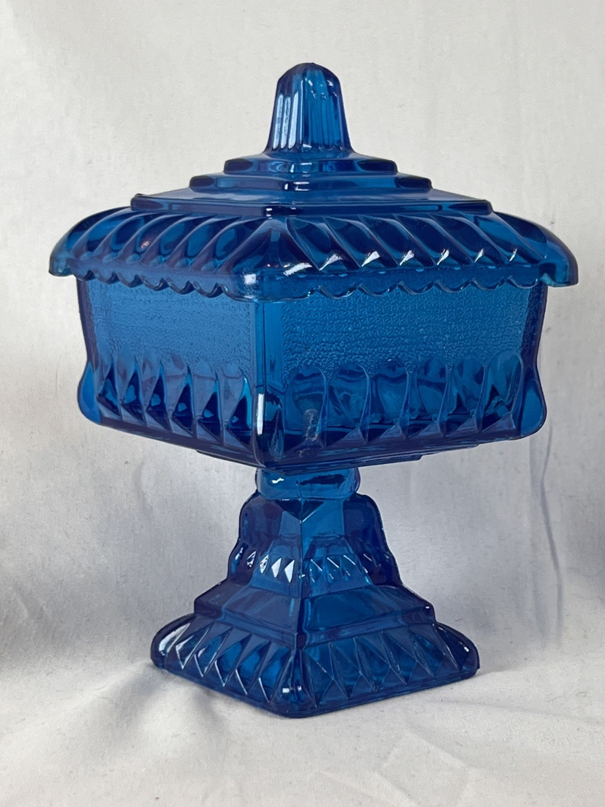 Vintage Jeannette Glass Cobalt Blue Covered Candy Dish Pedestal Wedding Box 6”