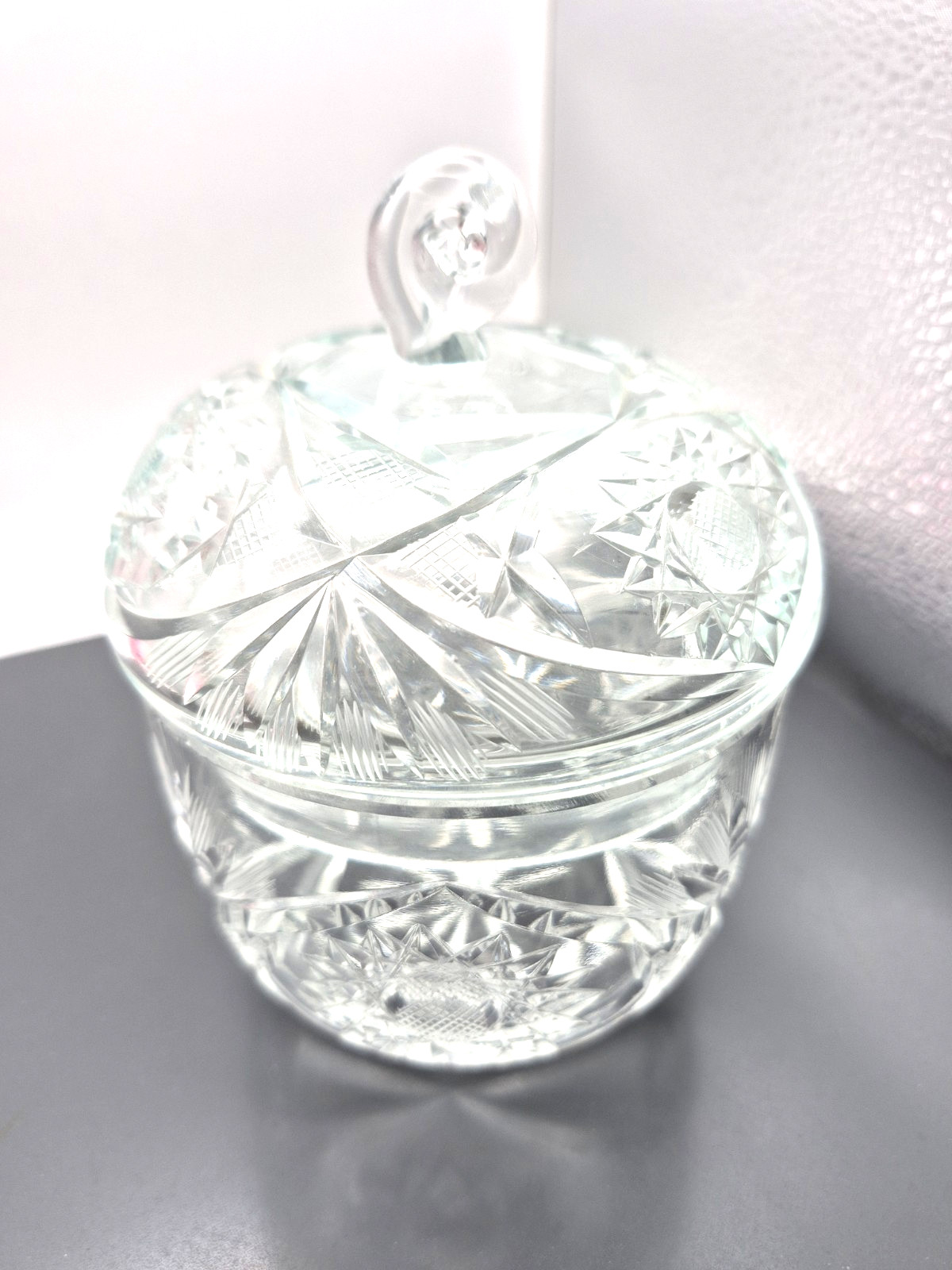 Vintage Clear Cut Lidded Candy Dish Starburst Pattern 6″ Tall EUC