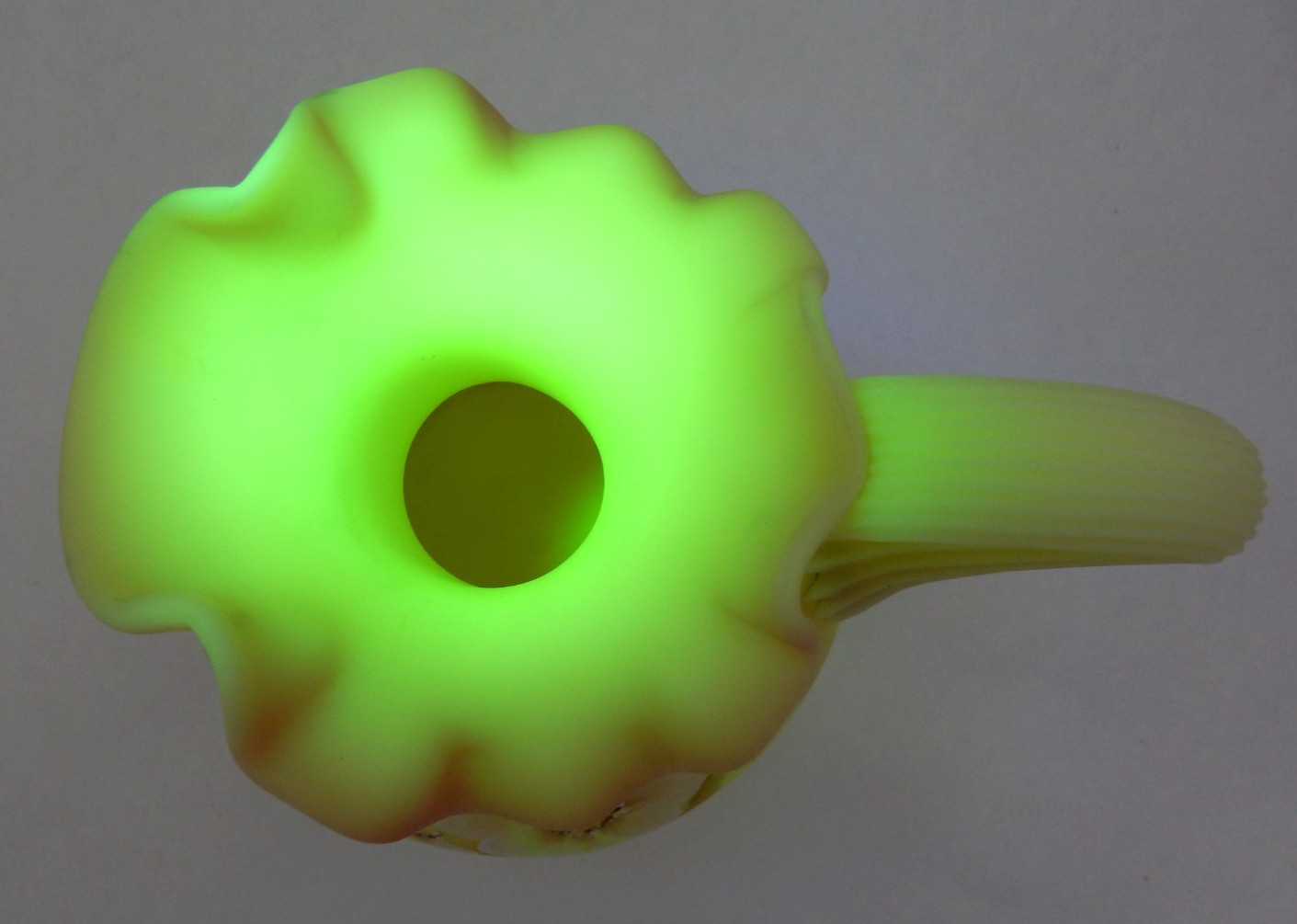 FENTON BURMESE URANIUM GLASS BILL FENTON 56 YEARS ANNIV. PITCHER, SIGNED, 6-1/2″