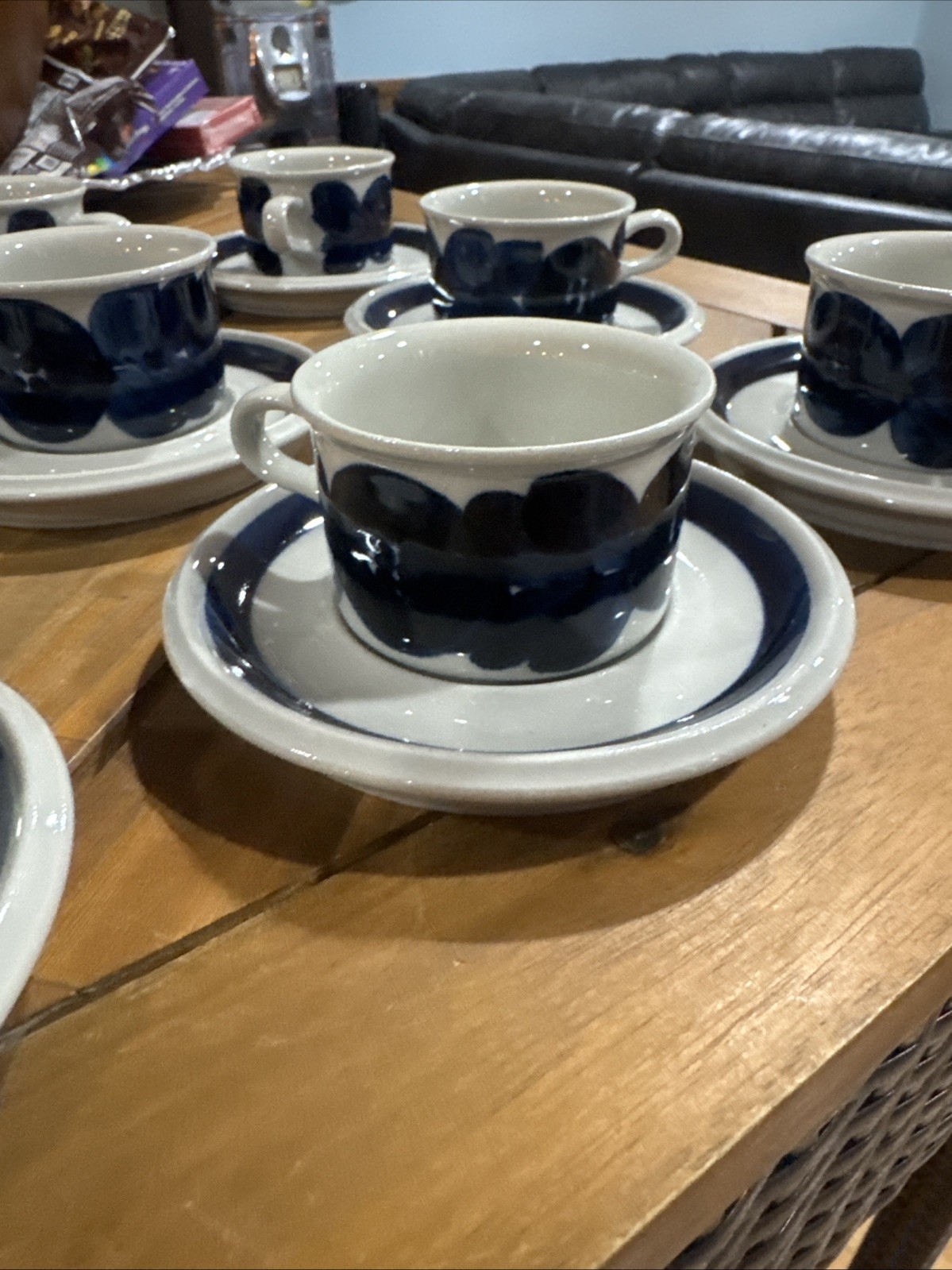Set Of 12 Arabia Finland Anemone Blue Coffee Tea Mug Cups & Saucers 3 1/2″ Rare